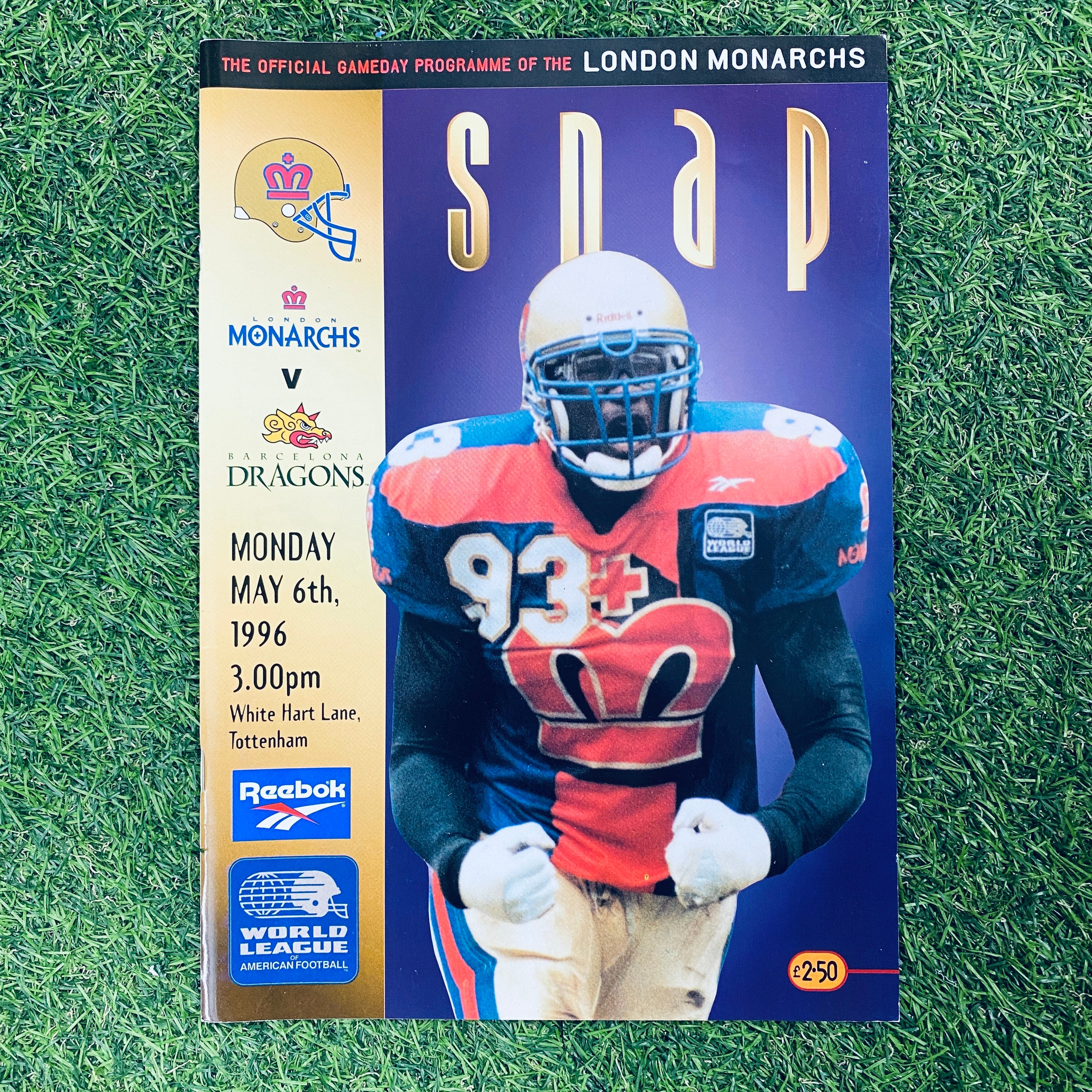Official 1996 London Monarchs vs Barcelona Dragons Gameday Programme - May 6 Football Collectible | Perfect for NFL Europe Fans, Sports Memorabilia Collectors & Vintage Football Enthusiasts
