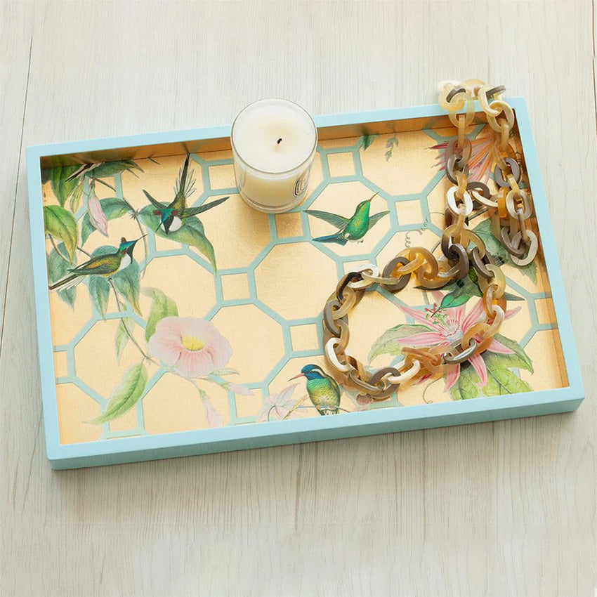 Caspari Hummingbird Trellis Lacquer Vanity Tray - Elegant Jewelry & Perfume Organizer for Dresser, Bathroom Countertop & Vanity Table Decor