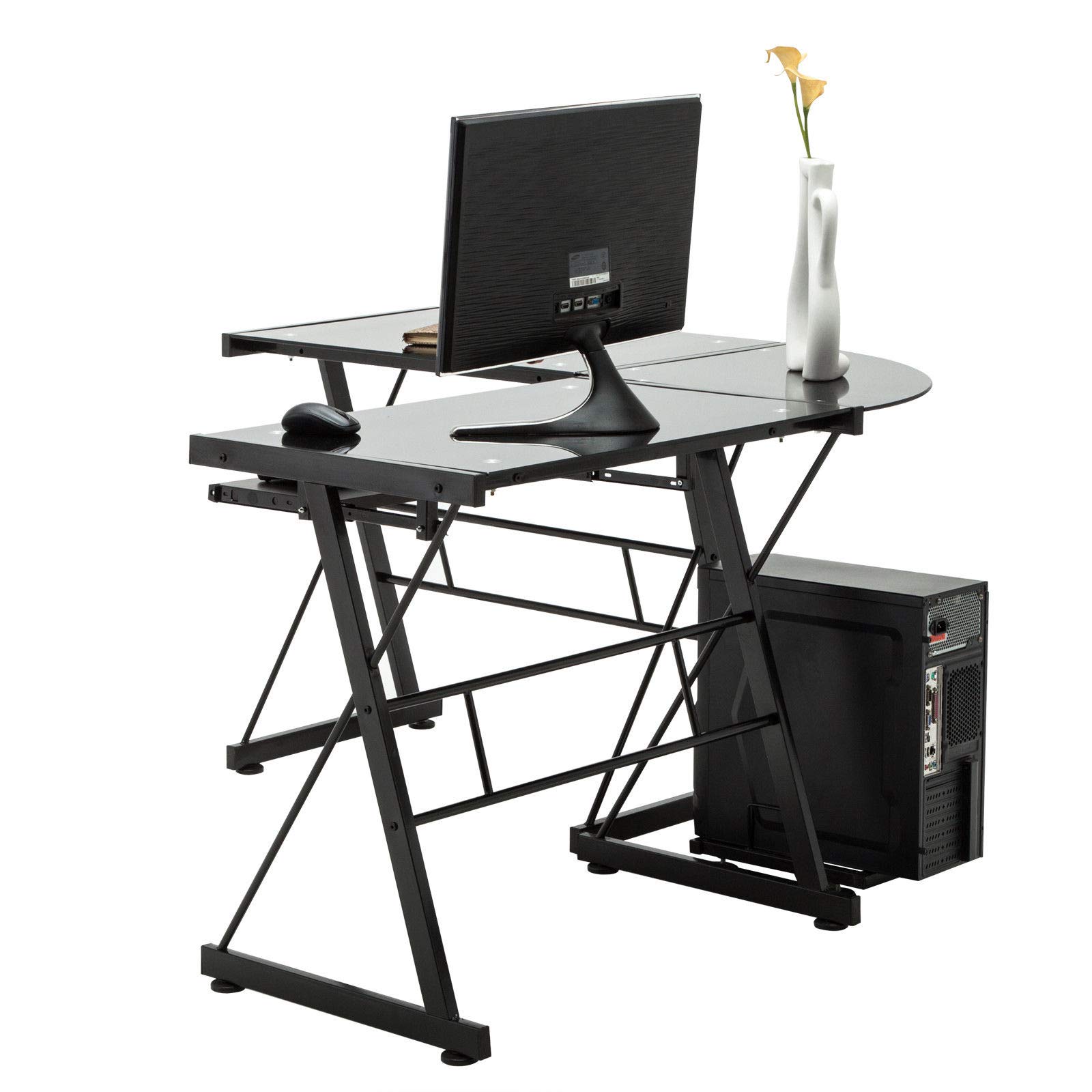 L-Shaped Corner Computer Desk with Keyboard Tray & CPU Stand - Black Glass Home Office Workstation for PC, Laptop, Gaming & Study | Perfect for Small Spaces & Modern Workspaces