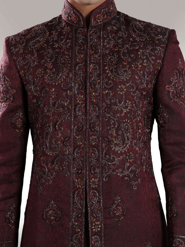 Aziz Groom Dark Maroon Sherwani for Men | Indian Wedding Sherwani Outfit | Elegant Ethnic Wear for Groom, Bridegroom & Wedding Party | Perfect for Indian Weddings, Sangeet & Reception Ceremonies