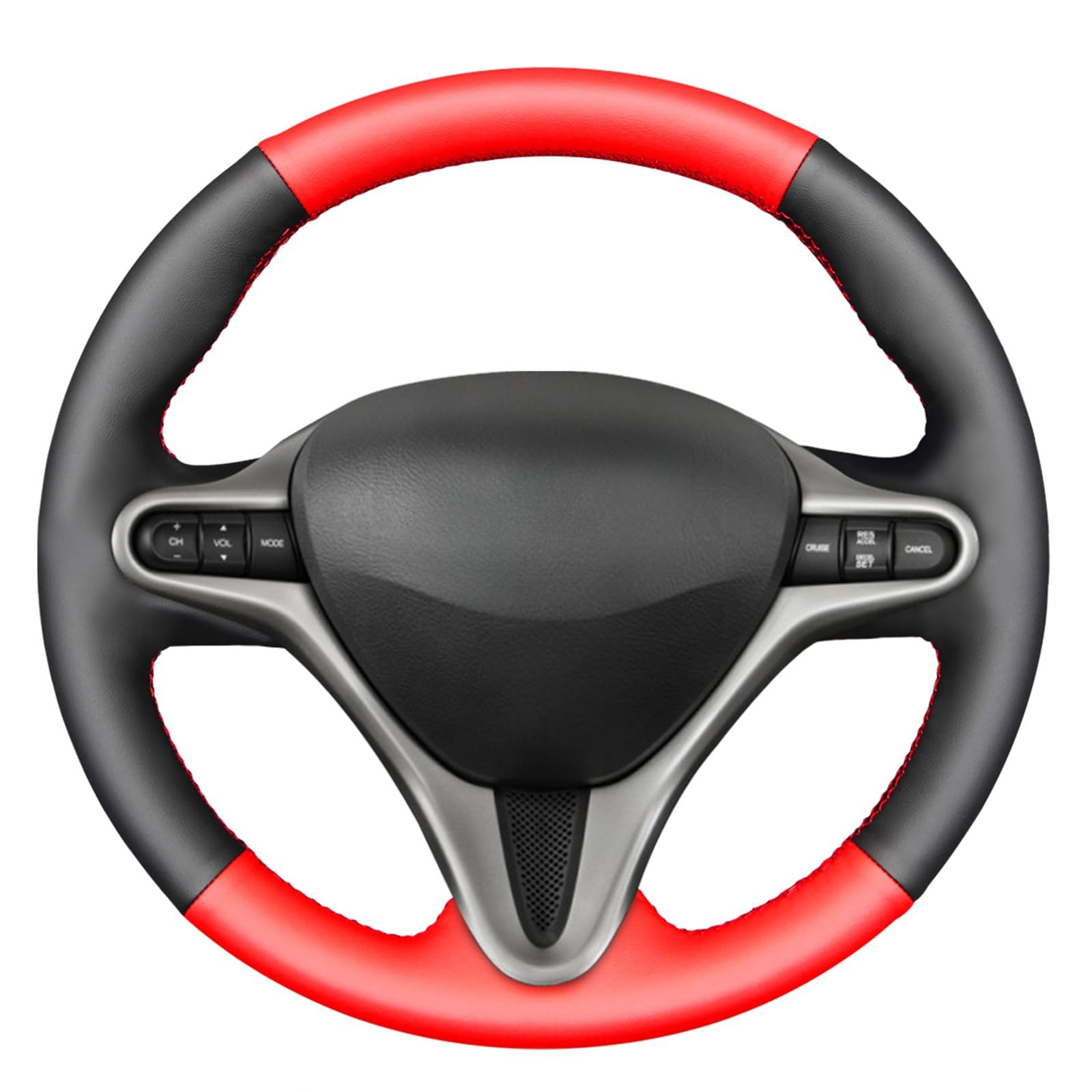 MEWANT DIY Hand Sewing Steering Wheel Cover for Honda Civic 8th Gen 2006-2009 (3-Spoke) - Breathable Red & Black Leather Wrap with Red Stitching - Perfect for Custom Car Interior Upgrade & Comfortable Driving