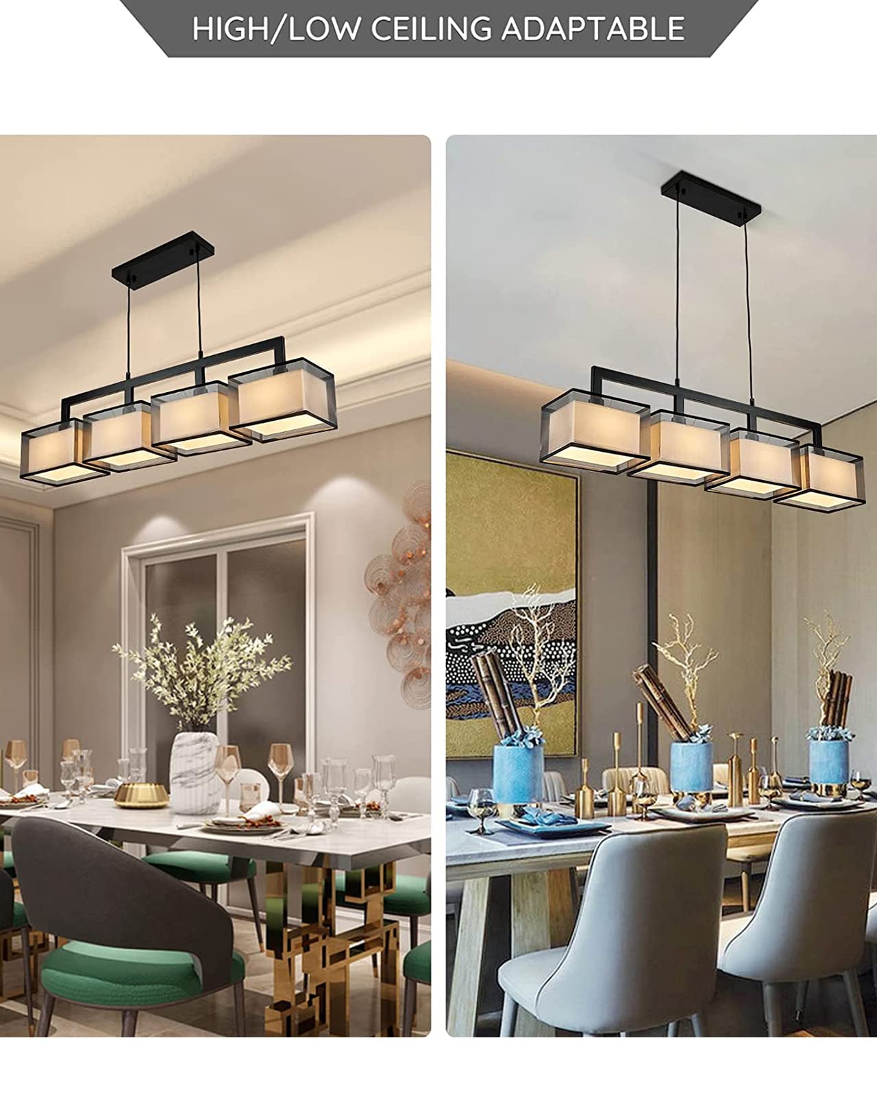 Modern Rectangular Chandelier - 4-Light Hanging Fixture with Adjustable Fabric Lampshade for Dining Room, Living Room & Restaurant Decor | Black Finish | Elegant Lighting Solution for Home & Commercial Spaces
