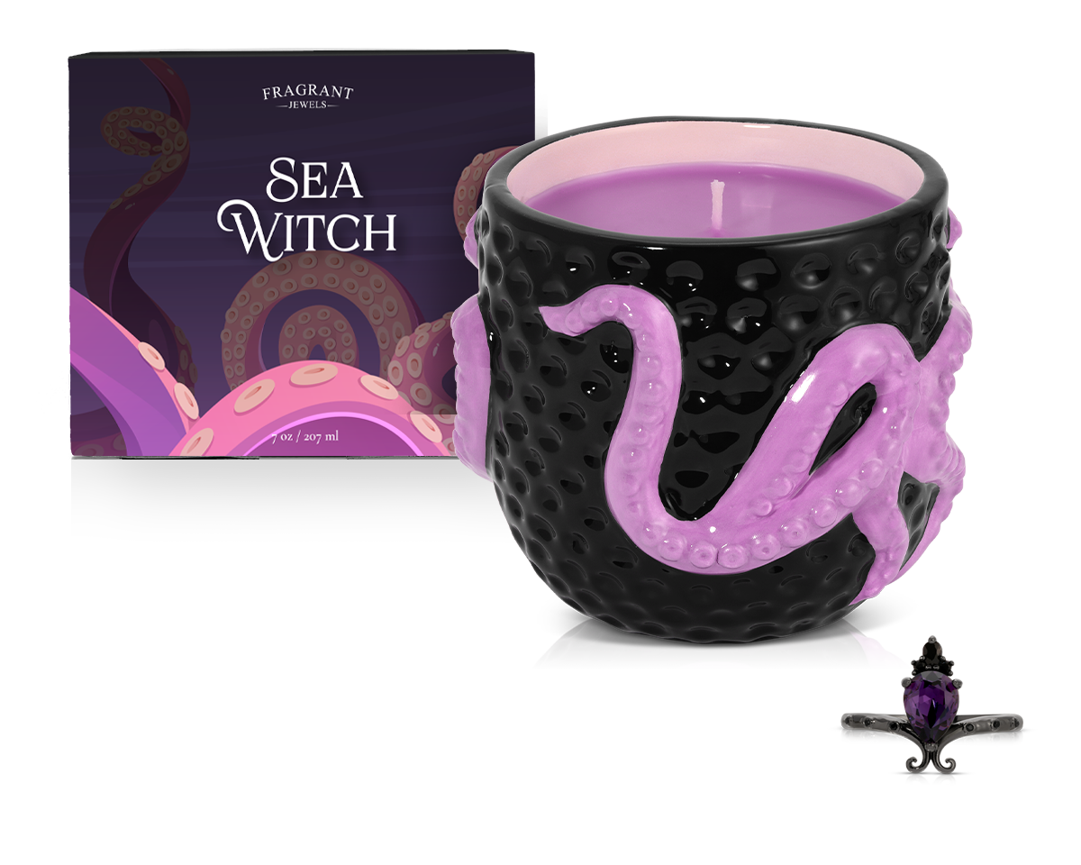 Sea Witch Jewel Candle in Ceramic Holder - Handmade Witchy Home Decor for Halloween, Wiccan Altar & Gothic Gift Giving