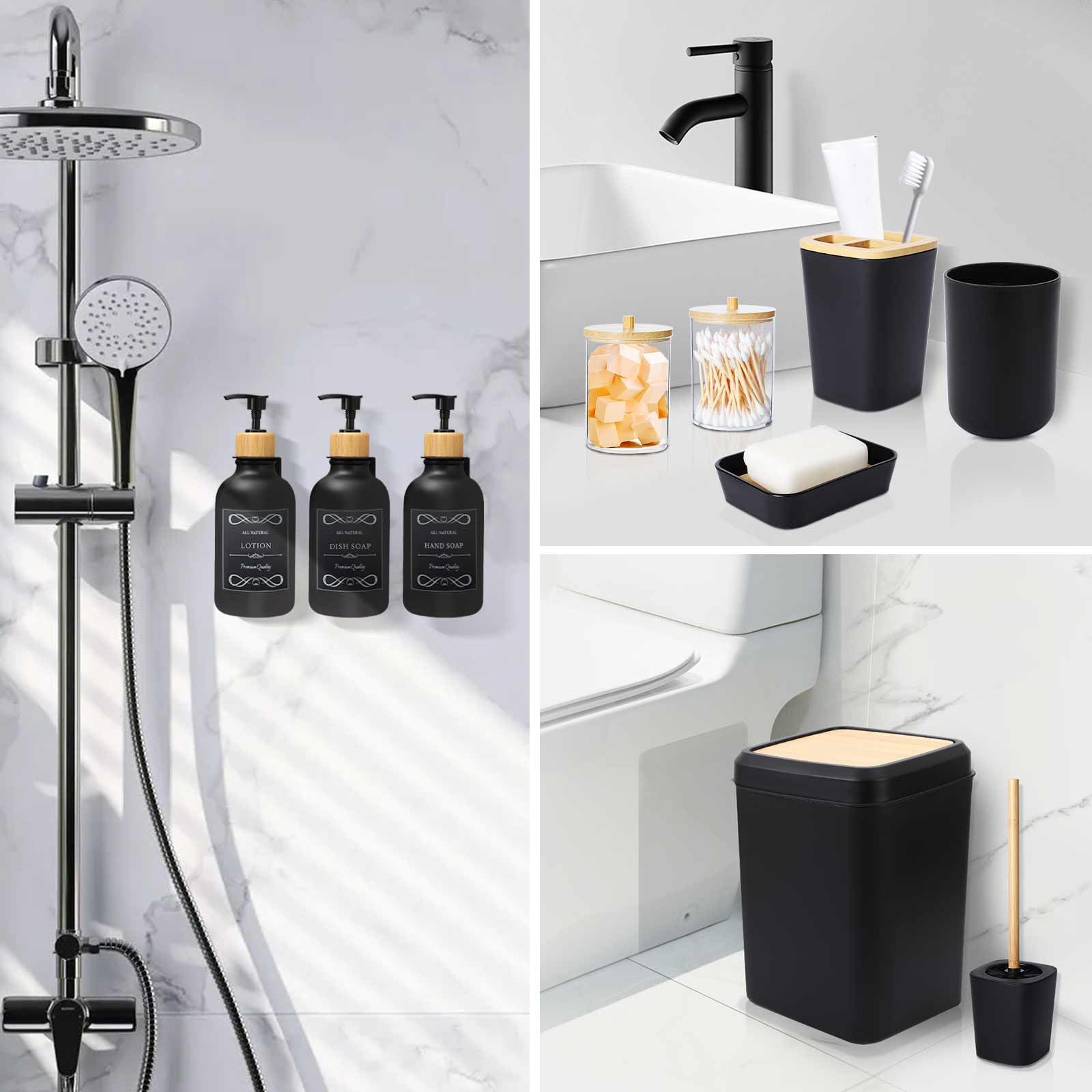 19-Piece Black and Wood Bathroom Accessories Set - Includes Trash Can, Toilet Brush, 3 Wall-Mounted 17oz Soap Dispensers (No Drill Needed), Toothbrush Holder, Cup, Soap Dish & Q-Tip Holder - Perfect for Modern Bathrooms, Guest Baths and Apartment Upgrades