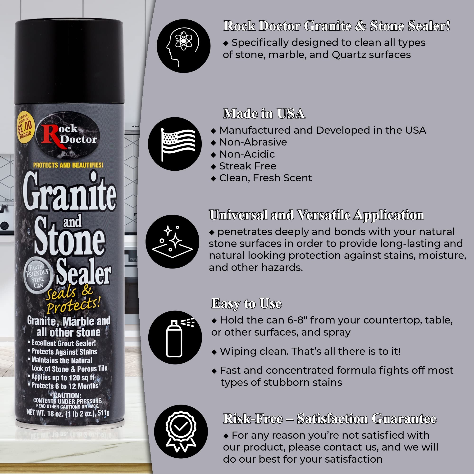 Rock Doctor Granite Sealer - Water-Based Stain Protection for Marble, Stone & Tile Countertops | Streak-Free Finish | Indoor & Outdoor Use | 4-Pack | Perfect for Kitchen, Bathroom & Outdoor Stone Surfaces