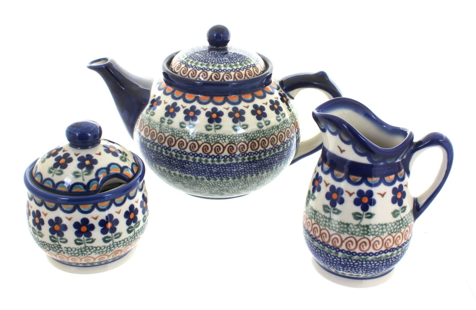 Blue Rose Polish Pottery Aztec Flower 3-Piece Tea Set - Handcrafted Ceramic Teapot with Cups - Perfect for Afternoon Tea, Gifts & Home Decor