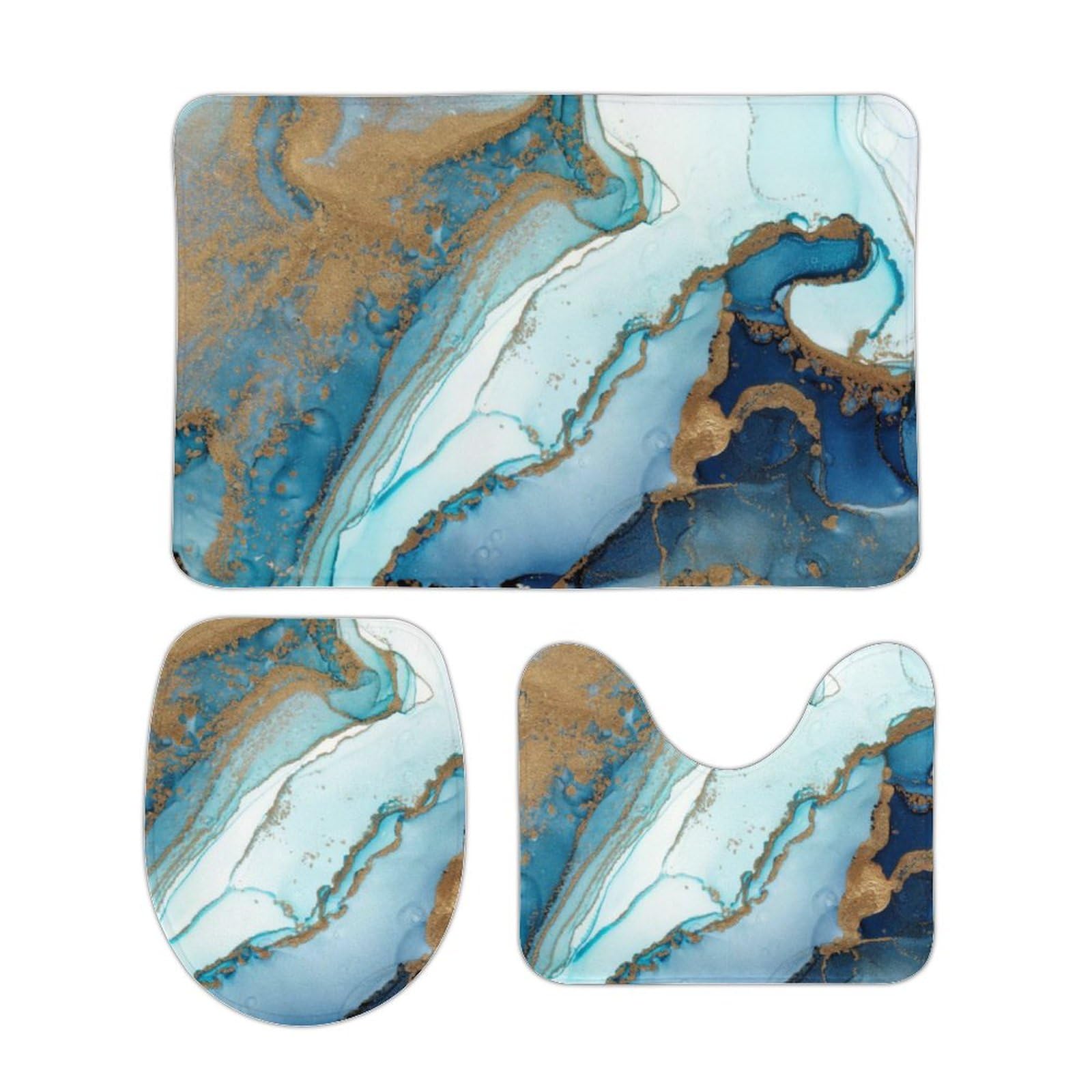3-Piece Ultra Soft Non-Slip Bathroom Rug Set - Absorbent Marble Stone Teal Blue Bath Mats with U-Shaped Contour Rug & Toilet Lid Cover | Perfect for Bathroom, Shower, and Vanity Areas