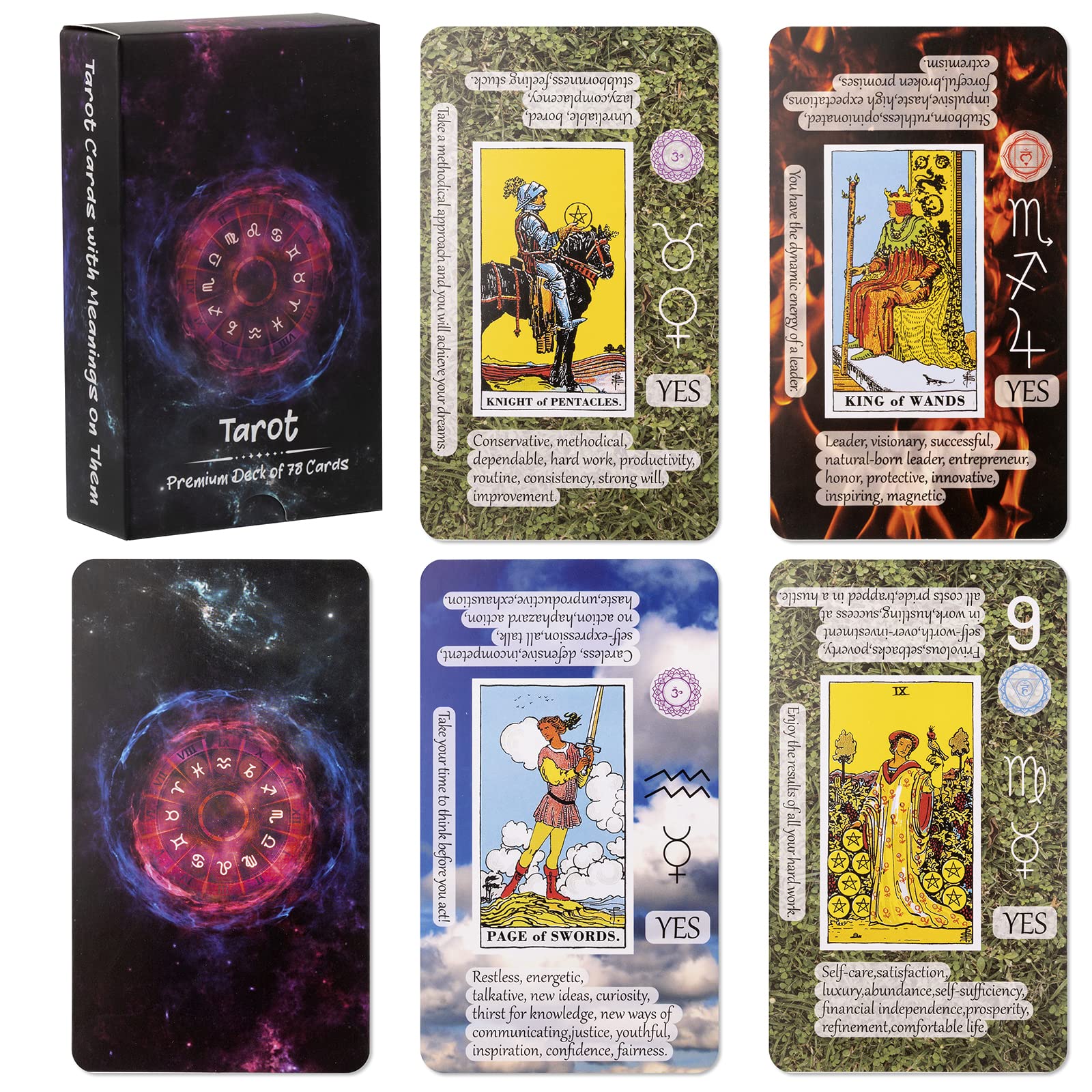 Beginner Tarot Cards with Meanings - Complete Tarot Deck Set for Learning, Fortune Telling & Divination - Includes Keywords, Chakra, Planet, Zodiac & Element Symbols - Perfect for Meditation, Self-Discovery & Spiritual Guidance