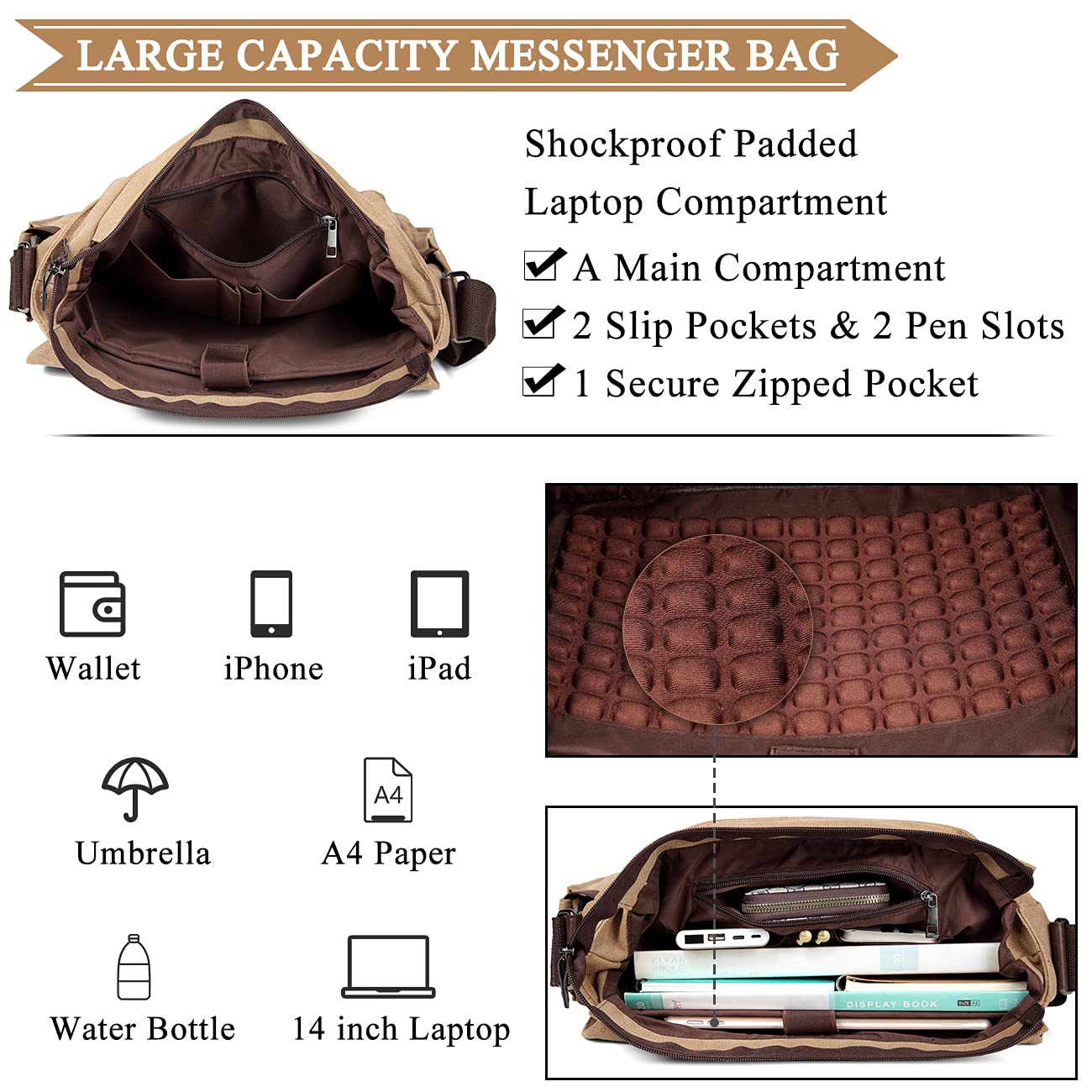 Kasqo Water Resistant Canvas Messenger Bag for Men - Durable 14