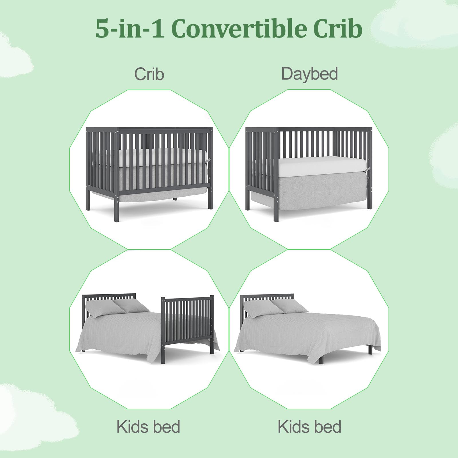 5-in-1 Convertible Baby Crib to Toddler Bed - Grey Nursery Furniture Set with Daybed & Full-Size Bed Frame Conversion (Mattress Not Included) | Perfect for Newborns, Infants & Growing Kids Bedroom Decor