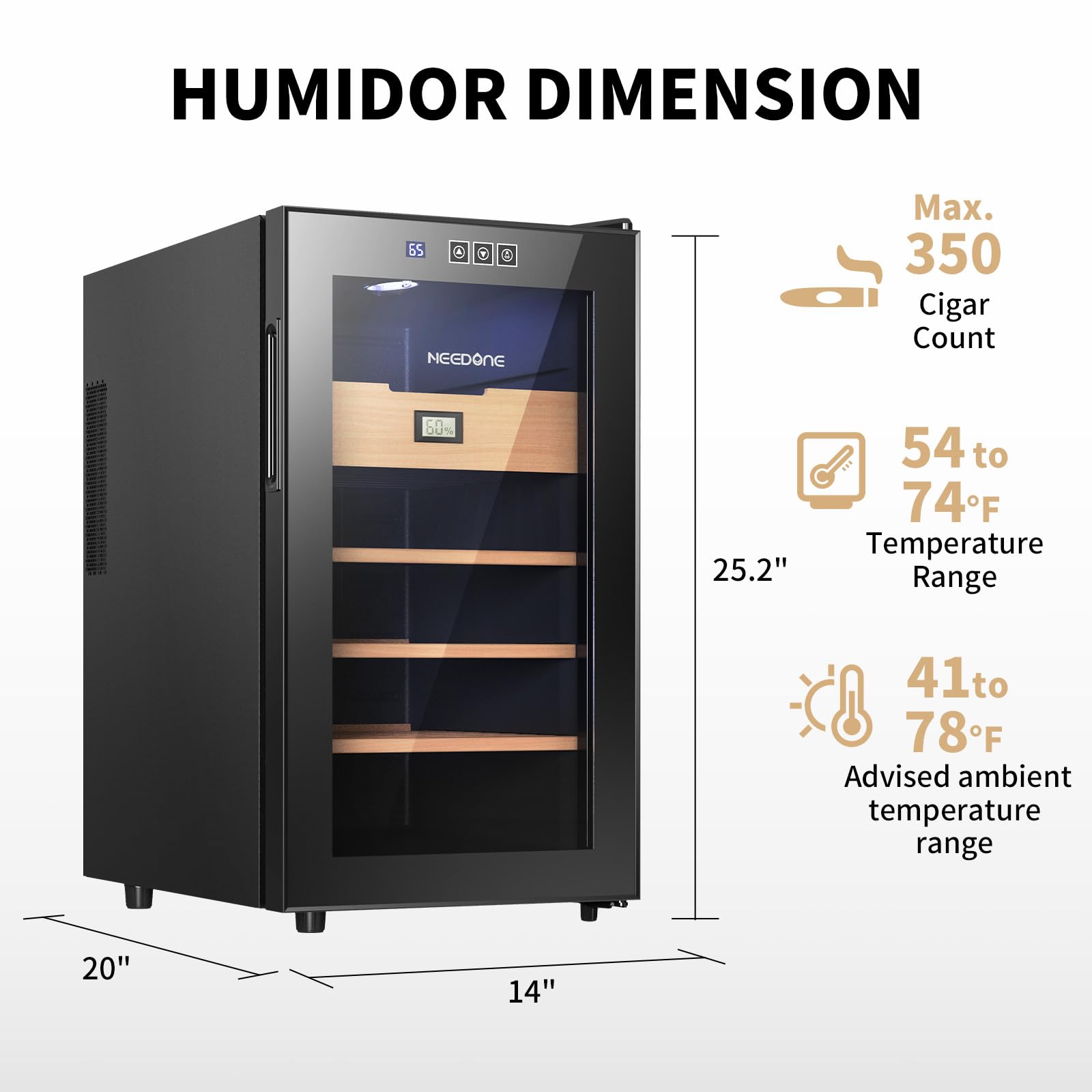 NEEDONE 48L Electric Humidor with Cooling & Heating Temperature Control System - 300 Cigar Capacity, Spanish Cedar Wood Shelves & Drawer, Built-in Hygrometer - Perfect for Cigar Storage, Aging, and Display - Ideal Gift for Men & Cigar Enthusiasts