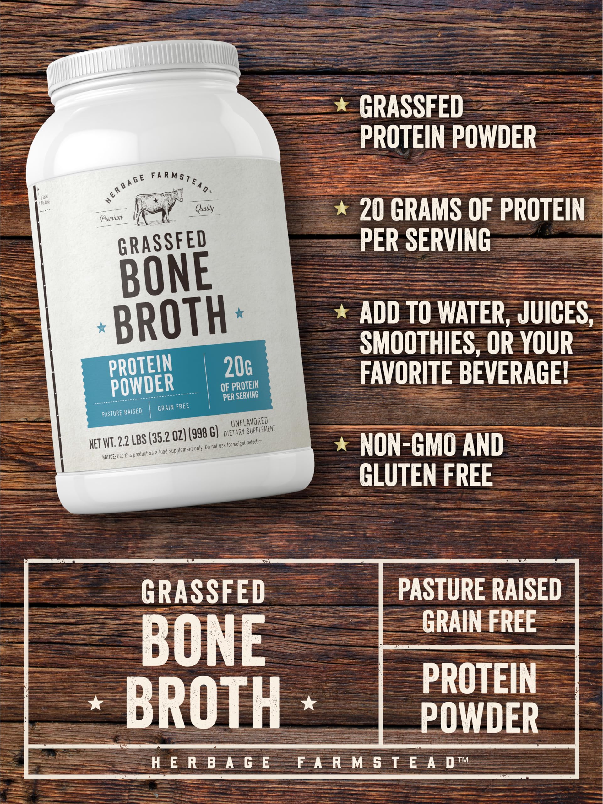 Carlyle Grass Fed Bone Broth Protein Powder - 35.2oz (2.2lb) | 20g Collagen Protein per Serving | Pasture Raised, Grain Free, Non-GMO & Gluten Free Supplement | Supports Muscle Recovery & Gut Health | Ideal for Keto, Paleo & Post-Workout Nutrition