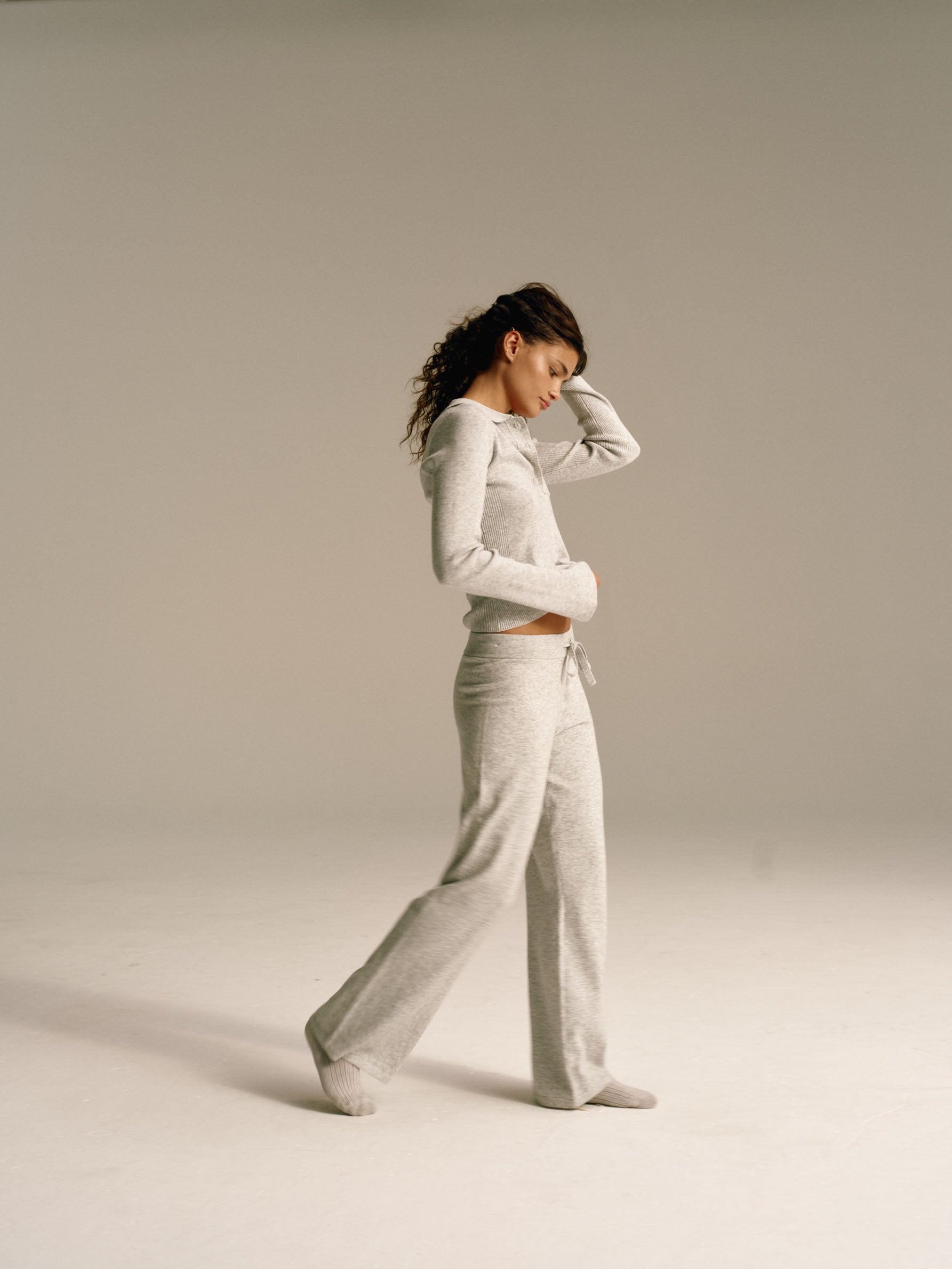 Women's Knit Straight Leg Trousers - Light Grey Melange Casual Pants for Work, Office & Everyday Wear