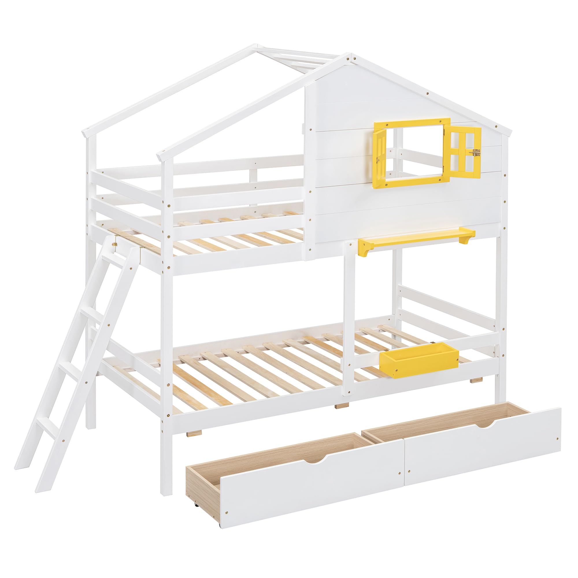 Harper & Bright Designs Twin Over Twin Solid Wood Bunk Bed for Kids with Storage Drawers, Shelf & Roof - White | Space-Saving Kids Bedroom Furniture for Boys, Girls & Teens | Perfect for Small Rooms, Shared Bedrooms & Sleepovers
