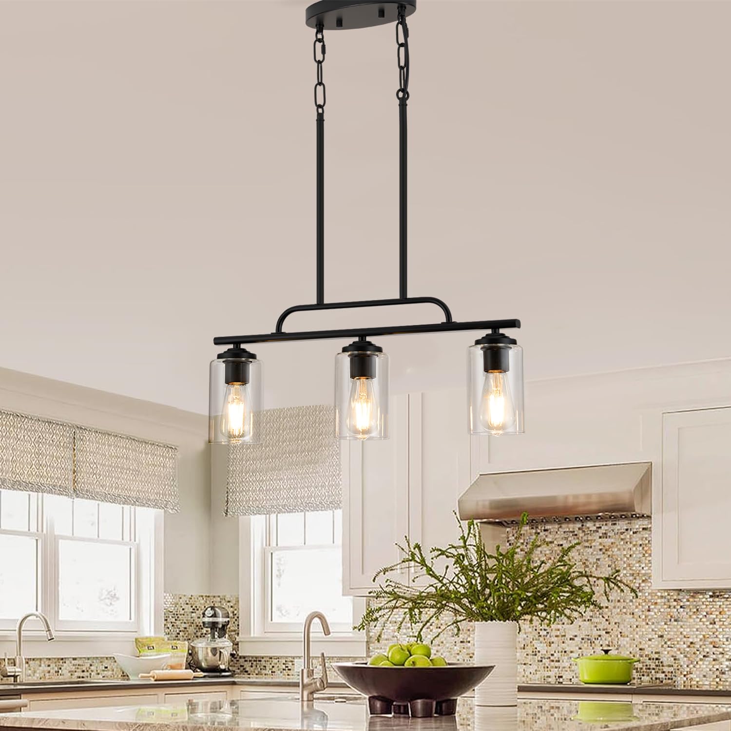 Matte Black Rectangular 3-Light Industrial Pendant Chandelier - Modern Farmhouse Hanging Light Fixture with Glass Shade for Dining Room, Kitchen Island & Ceiling - Perfect for Rustic, Vintage & Contemporary Home Decor
