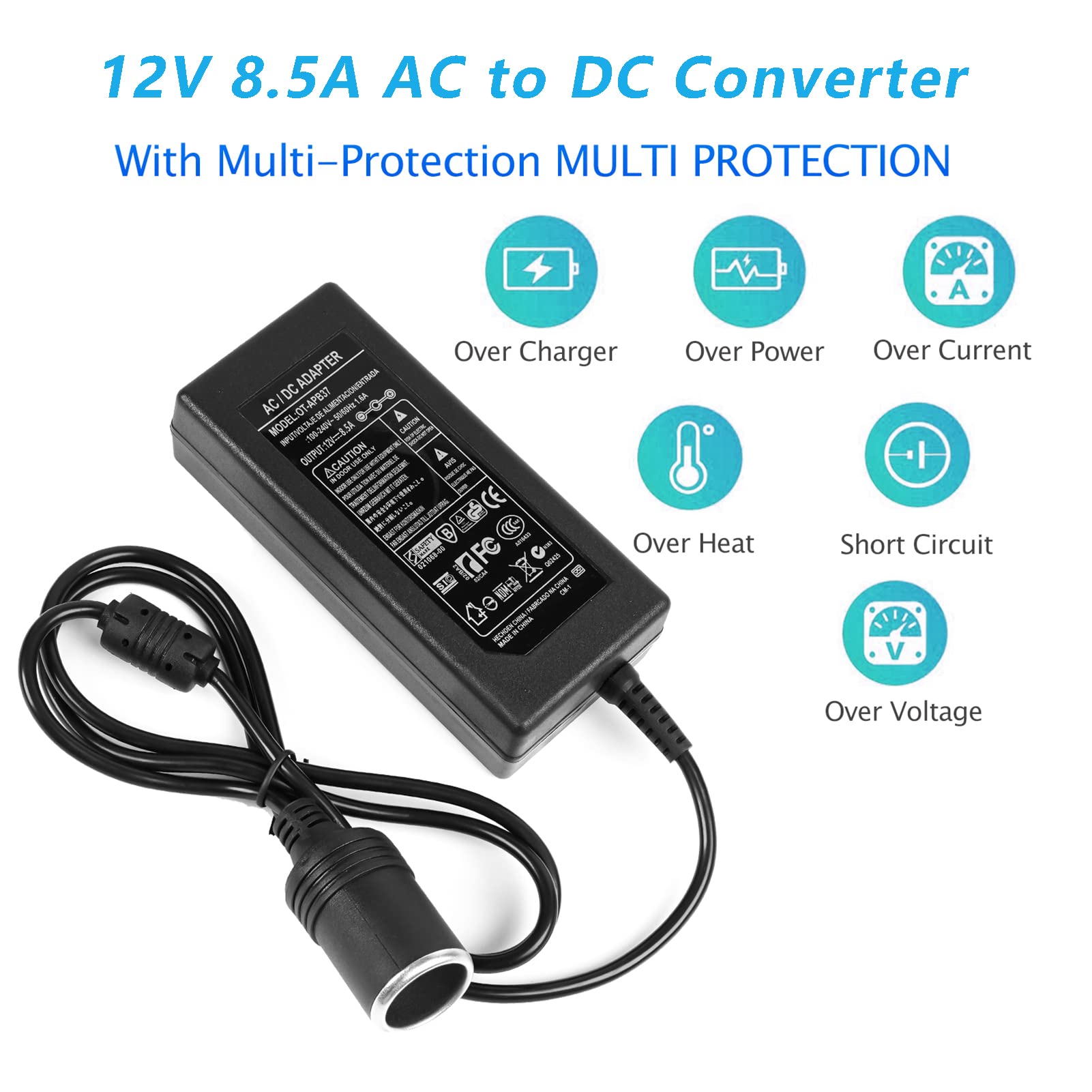 12V 8.5A 102W AC to DC Power Converter - 110V-220V to 12V Car Cigarette Lighter Adapter for Car Vacuum, Electric Cooler, Mini Fridge, Portable Fan & Camping Gear - Ideal for Road Trips & Outdoor Adventures