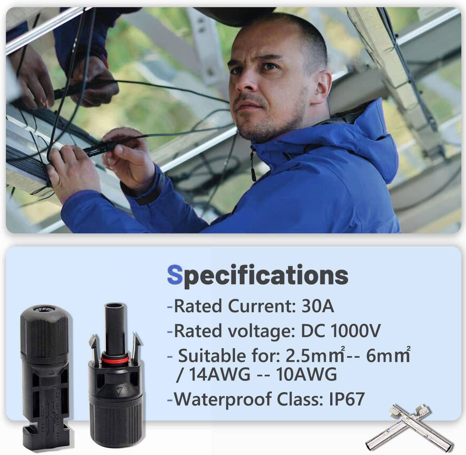 30A 1000V IP67 Waterproof Solar Panel Connectors - Male/Female Pair (6 Pairs) for 10AWG/12AWG/14AWG Cables - Perfect for Off-Grid Solar Systems, RV Solar Installations & DIY Solar Projects