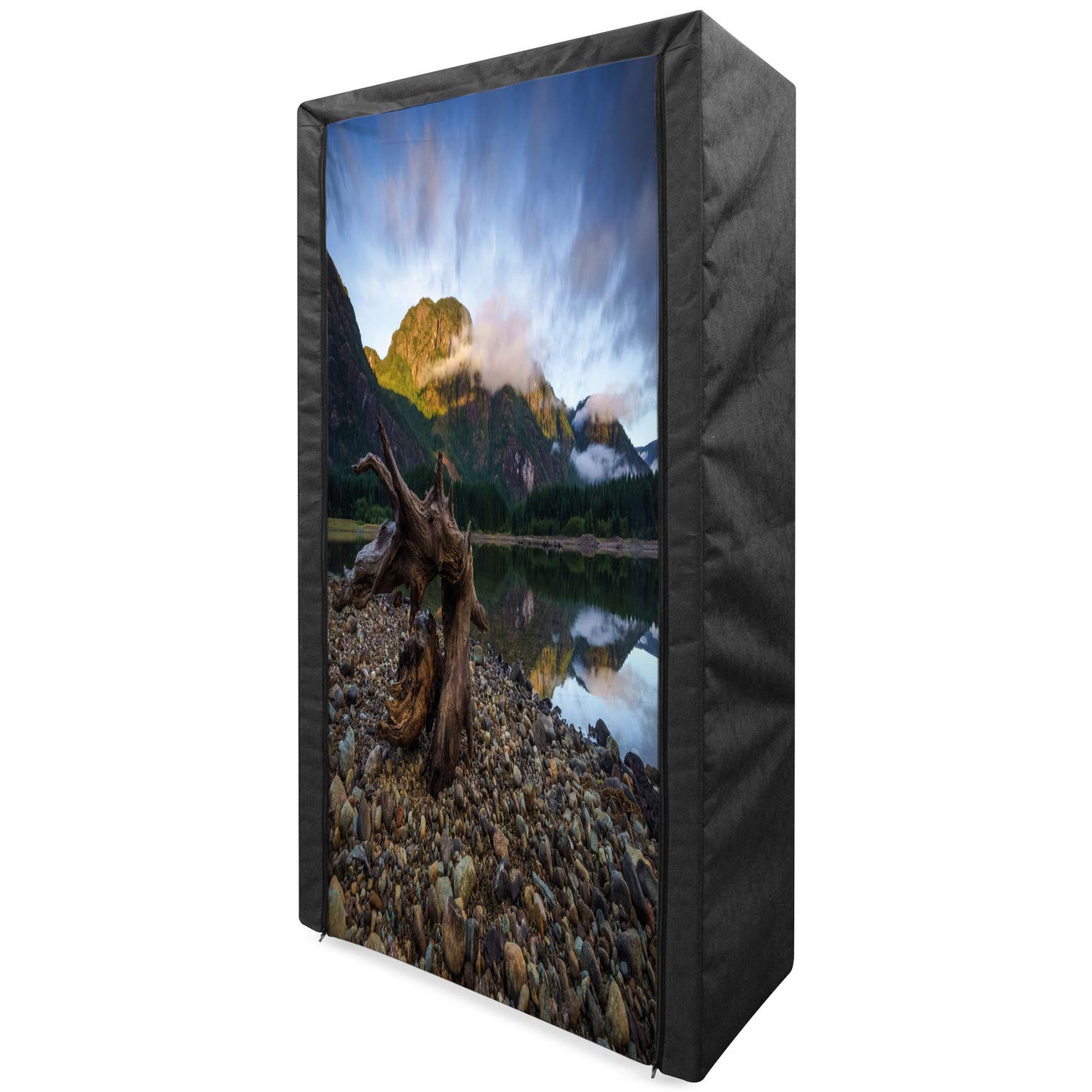 Ambesonne Driftwood Portable Fabric Wardrobe - Mountain Lake Landscape with Cloudy Sky & Rocky Shoreline Design - 33.5