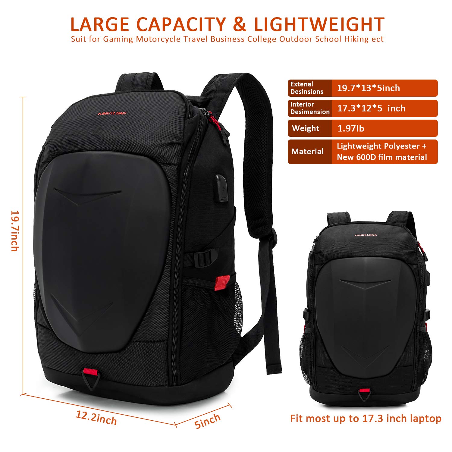 KINGSLONG 17 Inch Laptop Backpack with Hardshell Protection - USB Charging Port & Waterproof Rain Cover - Lightweight Armored Backpack for Motorcycle, Outdoor Racing, Travel & Daily Commute (Black)