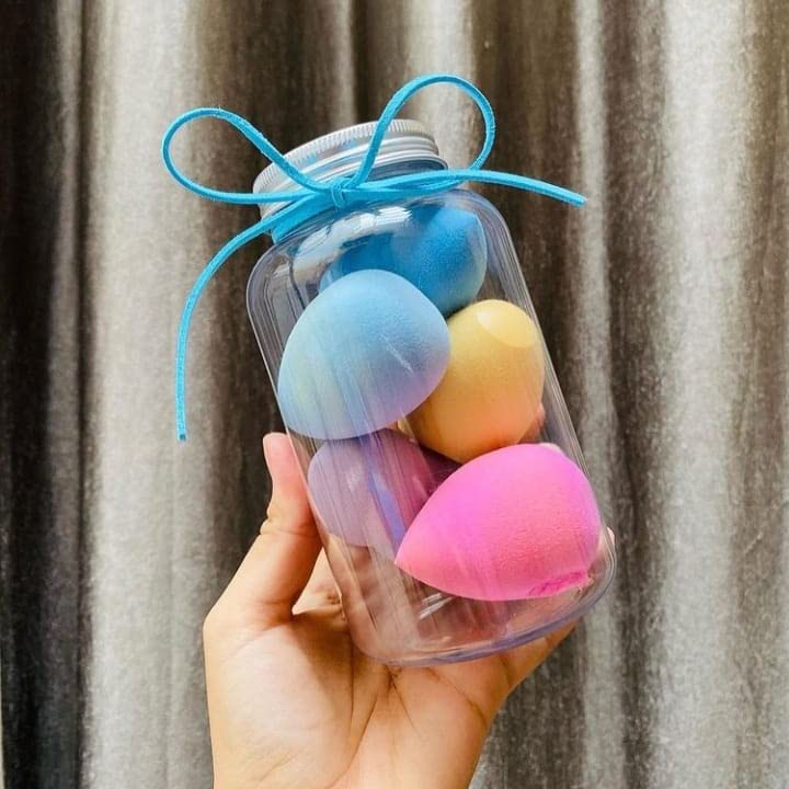 ARRX 5-Piece Makeup Sponge Set with Storage Jar - Foundation Blending Sponge for Liquid, Powder & Cream Makeup - Beauty Blender & Cosmetic Tools for Women - Multicolor (Perfect for Travel & Daily Makeup Routine)