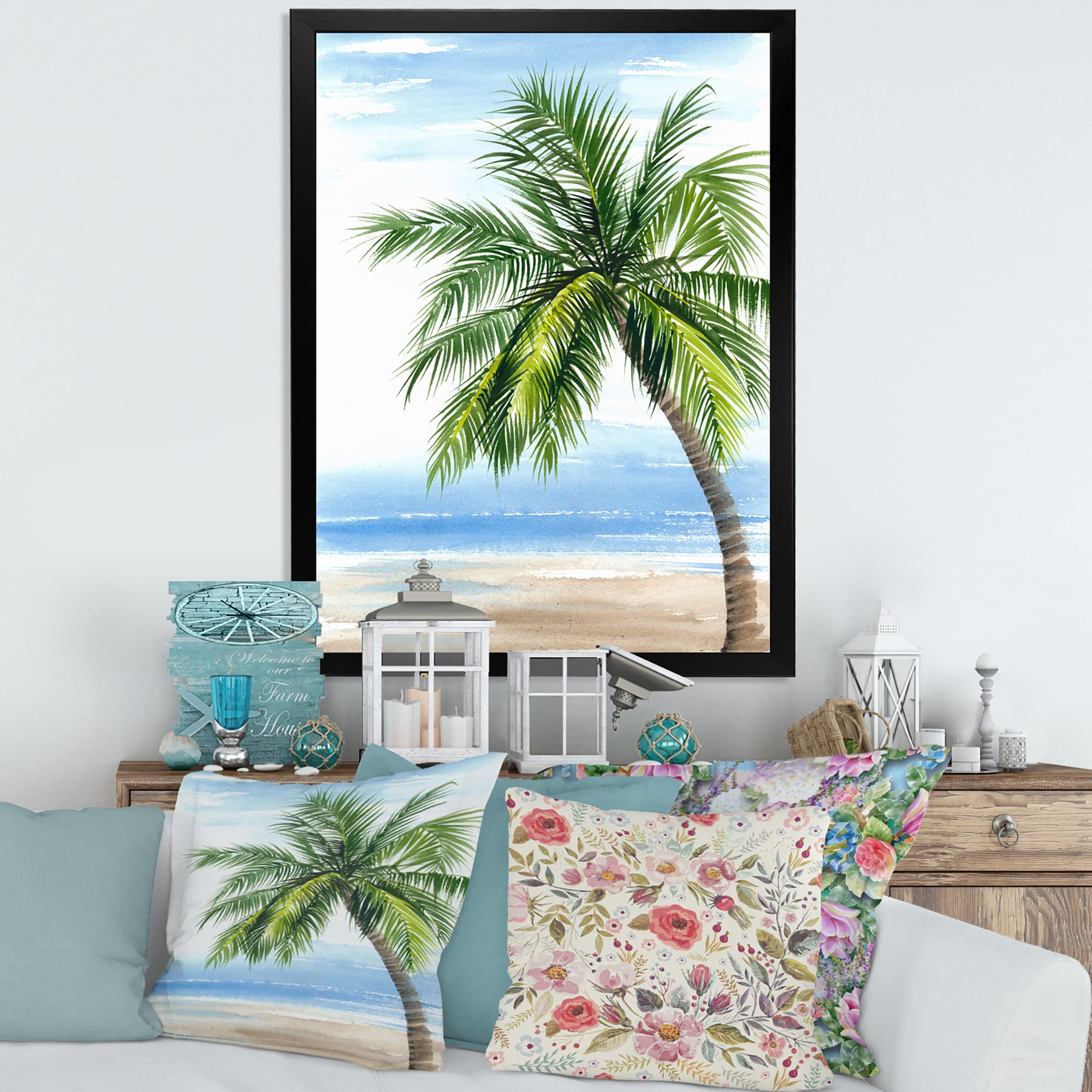DesignQ Palm Tree At The Beach Resort Framed Wall Art - Coastal & Nautical Decor for Living Room, Bedroom, Office - Perfect Beach House & Vacation Home Wall Decor