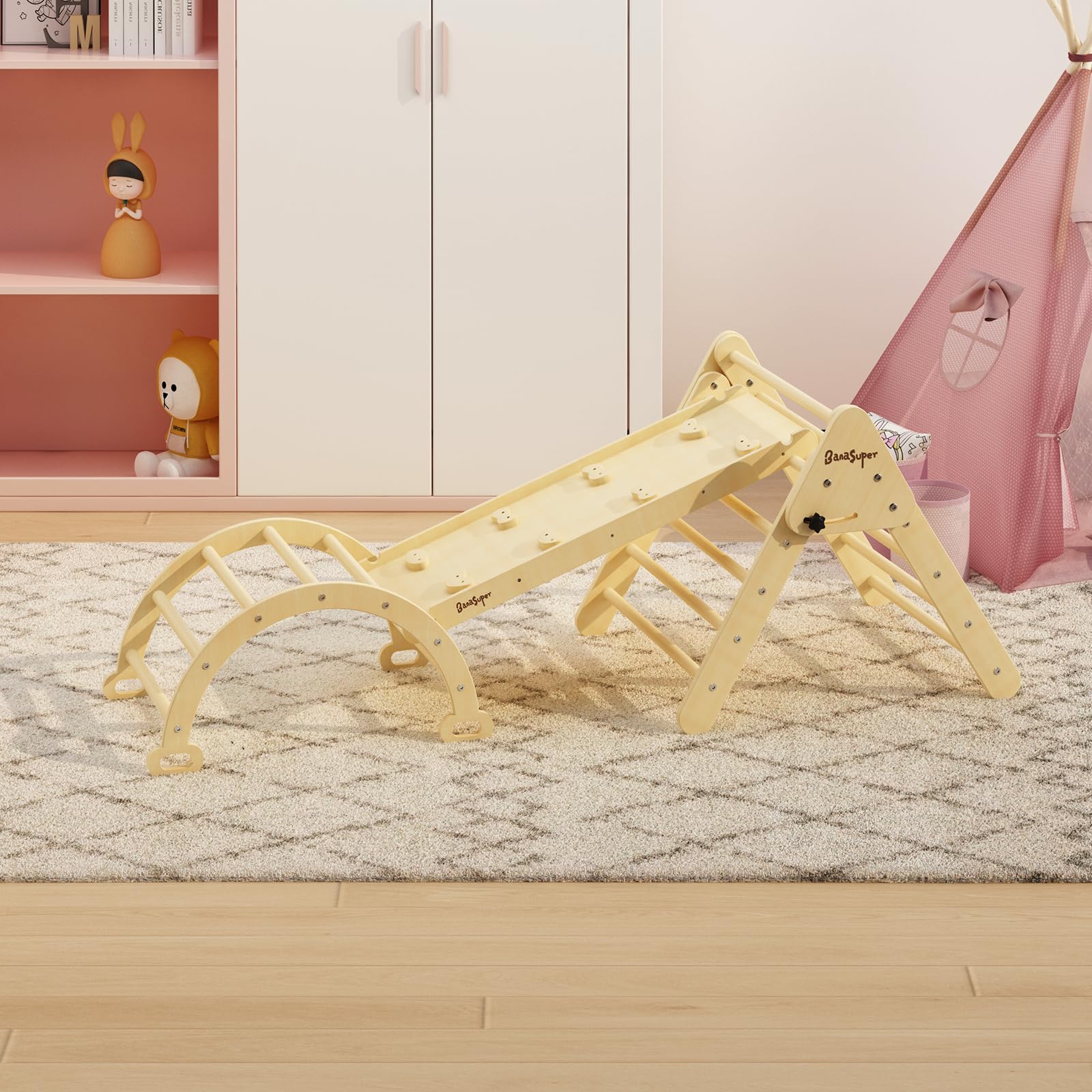 BanaSuper 3-in-1 Foldable Wooden Climbing Triangle Set with Ramp & Arch - Montessori Toddler Climbing Gym for Indoor & Outdoor Play - Perfect Gift for Boys & Girls - Ideal for Playrooms, Backyards, and Preschools