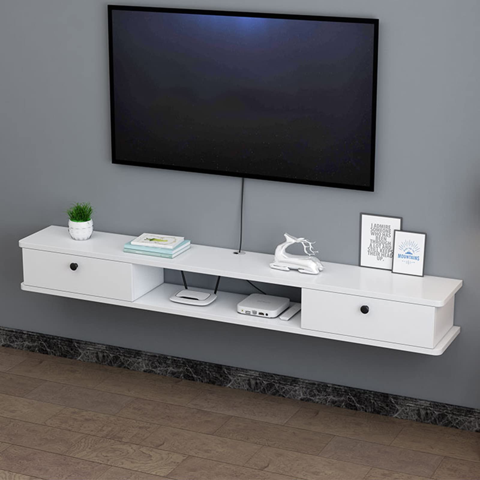 Floating Shelf Wall Mounted TV Stand - Large Storage Media Console with Set-Top Box Rack - Modern Entertainment Center for Living Room & Bedroom Organization