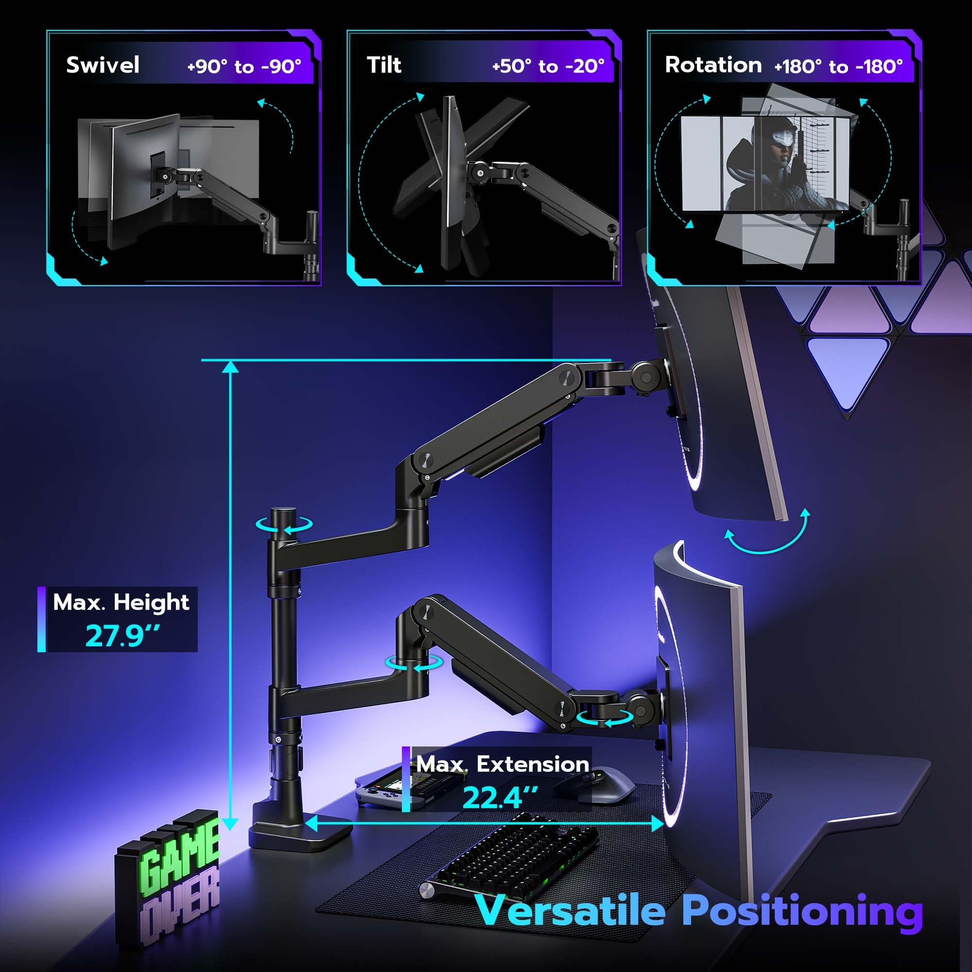 ARES WING Dual Monitor Arm Desk Mount - Heavy Duty Gas Spring Stand for 17 to 49 Inch Ultrawide Screens (Up to 44 lbs) - Vertical Stacking Full Motion VESA 75x75/100x100 Mount - Black - Perfect for Home Office, Gaming Setup & Workspace Ergonomics