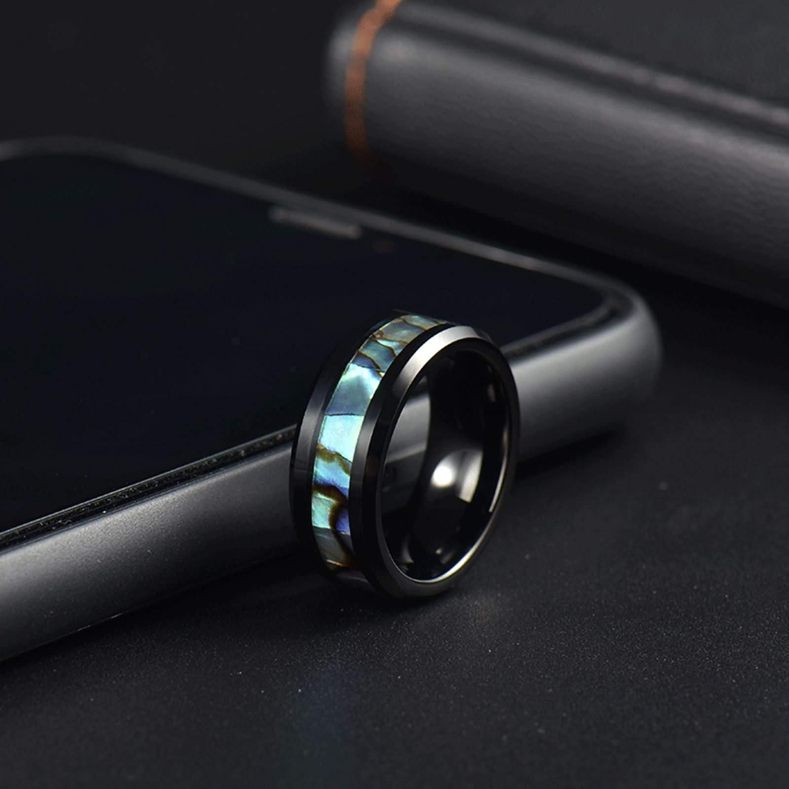 **Men's Tungsten Rings 8MM - Black Abalone Inlay Custom Engraved Wedding Band (Size 6-14) - Perfect for Anniversary, Engagement & Everyday Wear**