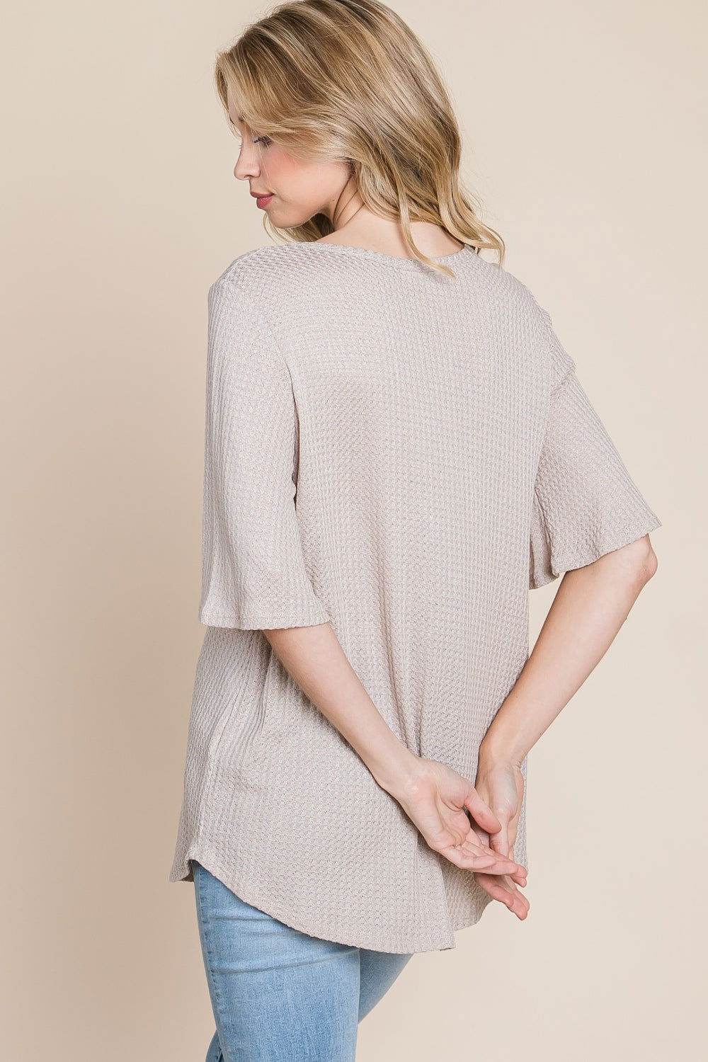BOMBOM Women's Round Neck Waffle Knit T-Shirt - Soft Casual Short Sleeve Top for Everyday Wear, Lounge & Outfits