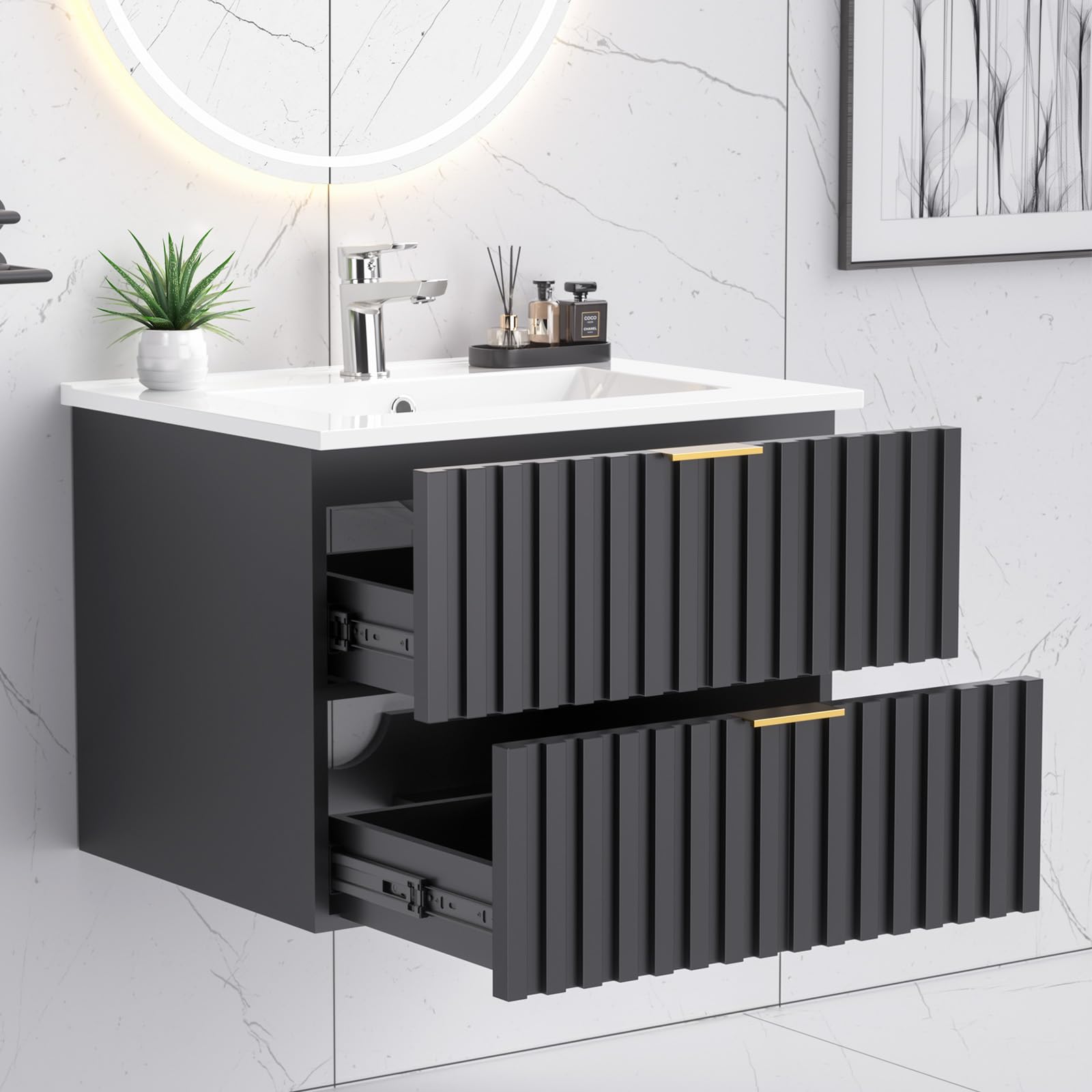 24 Inch Floating Bathroom Vanity with Sink Combo - Modern Wall Mount Storage Cabinet with 2 Fluted Drawers, Metal Handles & Ceramic Integrated Sink - Space Saving Design for Small Bathrooms, Powder Rooms or Apartments (Black)