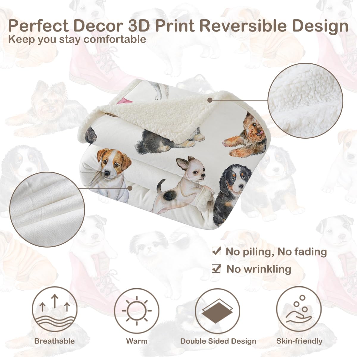 Sleepwish Adorable Dogs Sherpa Fleece Blanket - Soft Reversible Pet Throw Blanket for Couch, Sofa & Bed - Lightweight Warm Cozy Fluffy Blanket (60