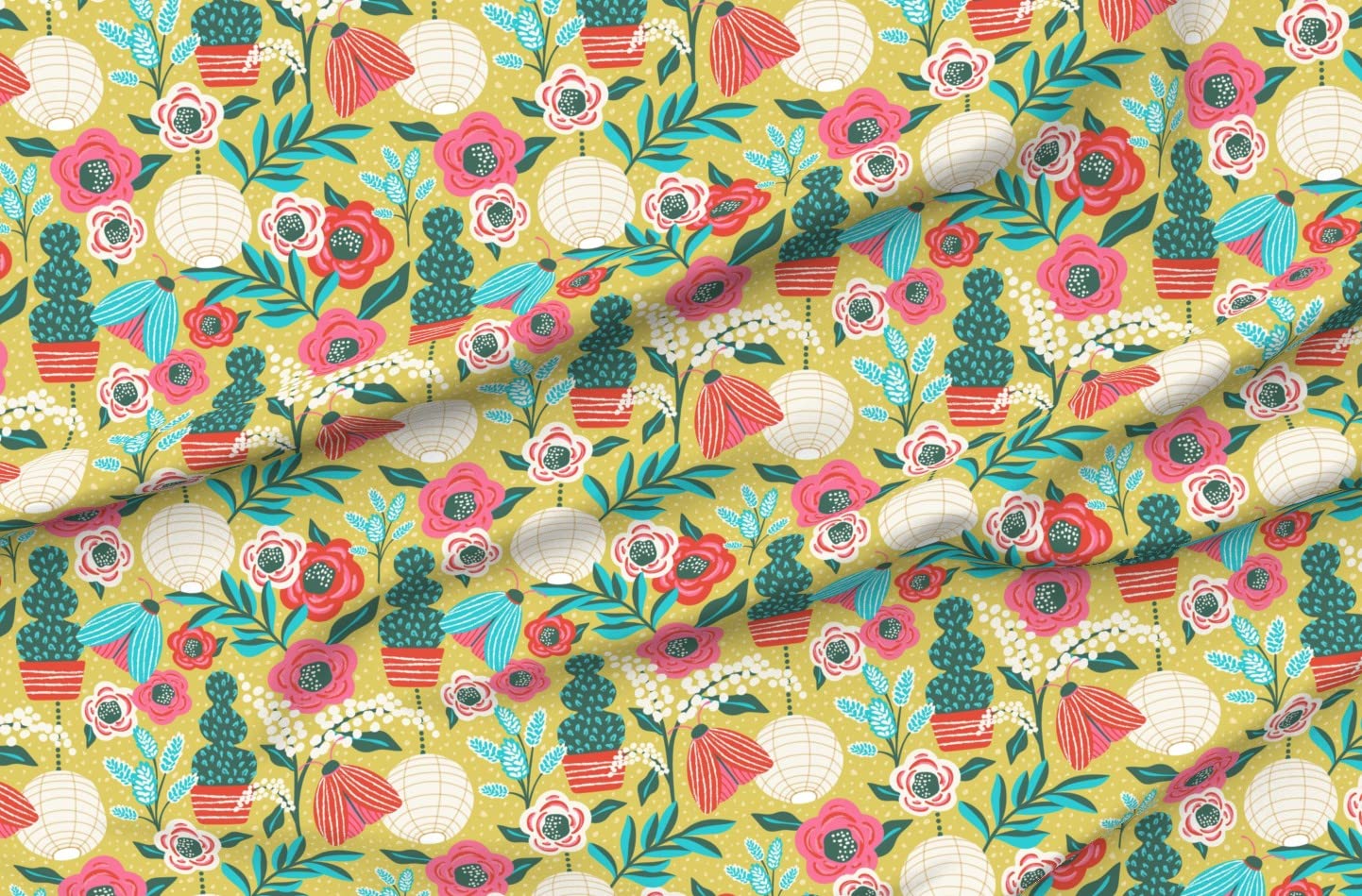Spring Garden Party Floral Yellow Flowers Butterflies Printed Satin Fabric by The Yard - DIY Sewing, Apparel, Fashion, Home Decor, Blankets & Curtains | Perfect for Summer Dresses, Lining, Quilting & Craft Projects