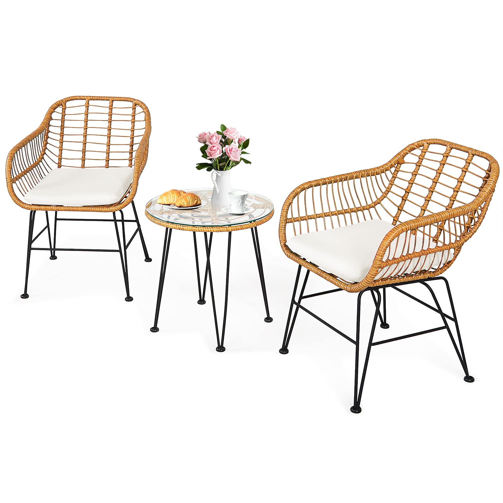 **HAPPYGRILL 3-Piece Rattan Bistro Set with Steel Frame, Round Coffee Table & Soft Cushions – Outdoor Patio Furniture for Garden, Balcony, or Poolside Relaxation**
