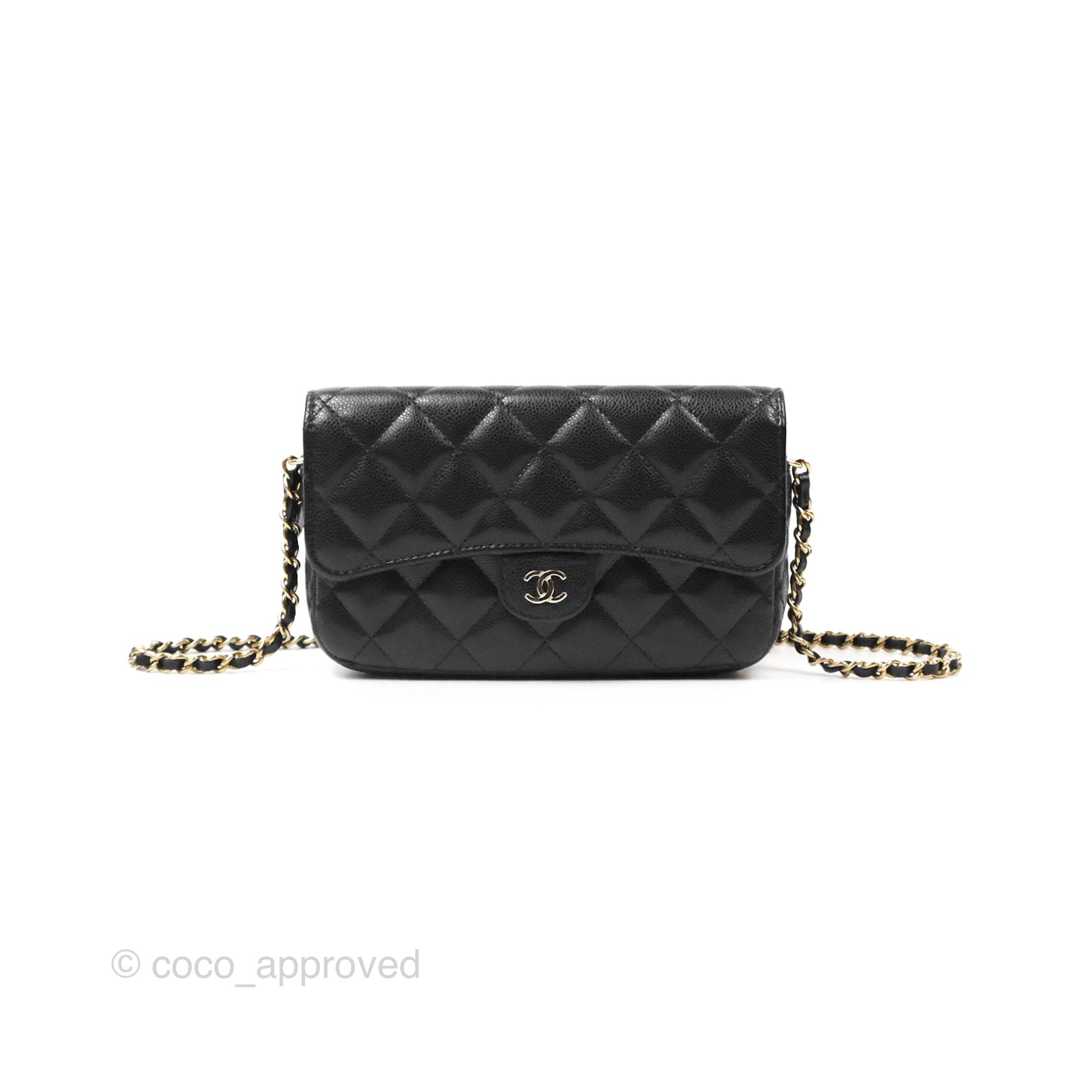 Chanel Classic Flap Phone Holder with Chain - Black Caviar Leather & Gold Hardware | Luxury Phone Crossbody Bag for Women | Perfect for Parties, Shopping & Everyday Use