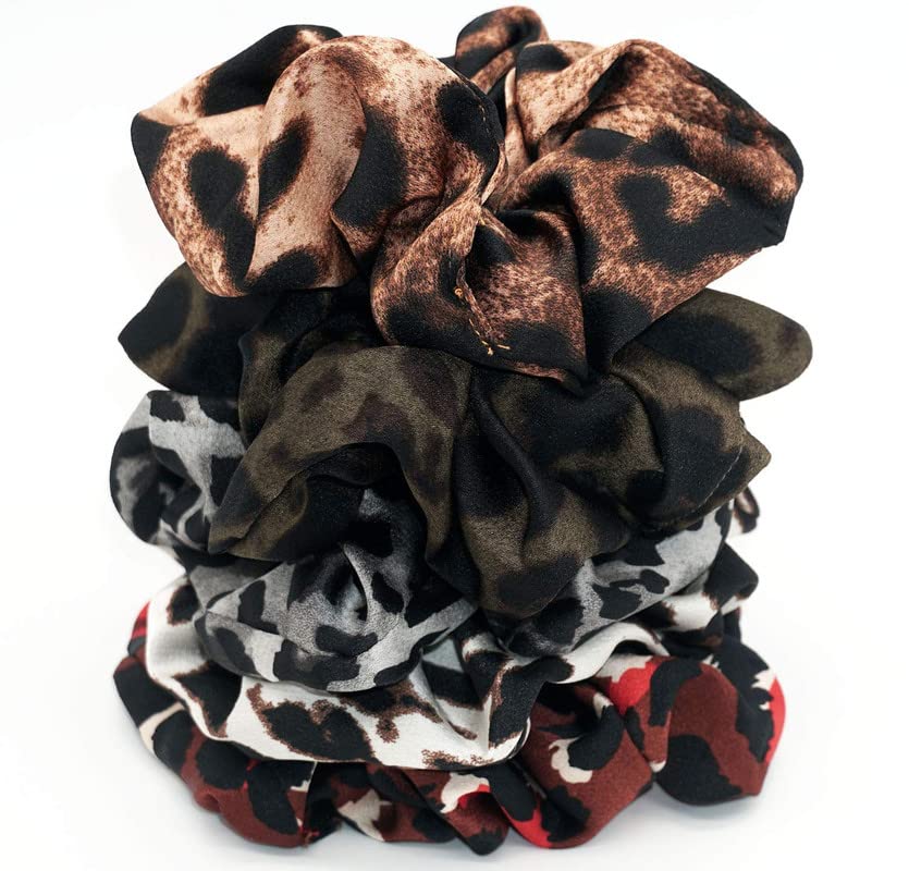 Cheetah Print Hair Scrunchies 5-Pack - Large Fashion Chiffon Leopard-Pattern Ponytail Holders, Elastic Hair Ties & Bands for Women - Perfect for Workouts, Office, and Casual Styling