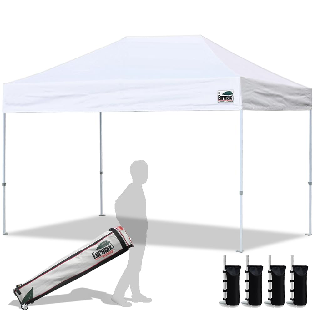 Eurmax USA 8'x12' Heavy Duty Pop Up Canopy Tent - Commercial Instant Shelter with Roller Bag & 4 Sand Weight Bags - Perfect for Outdoor Events, Farmers Markets, Beach Parties & Camping (White)