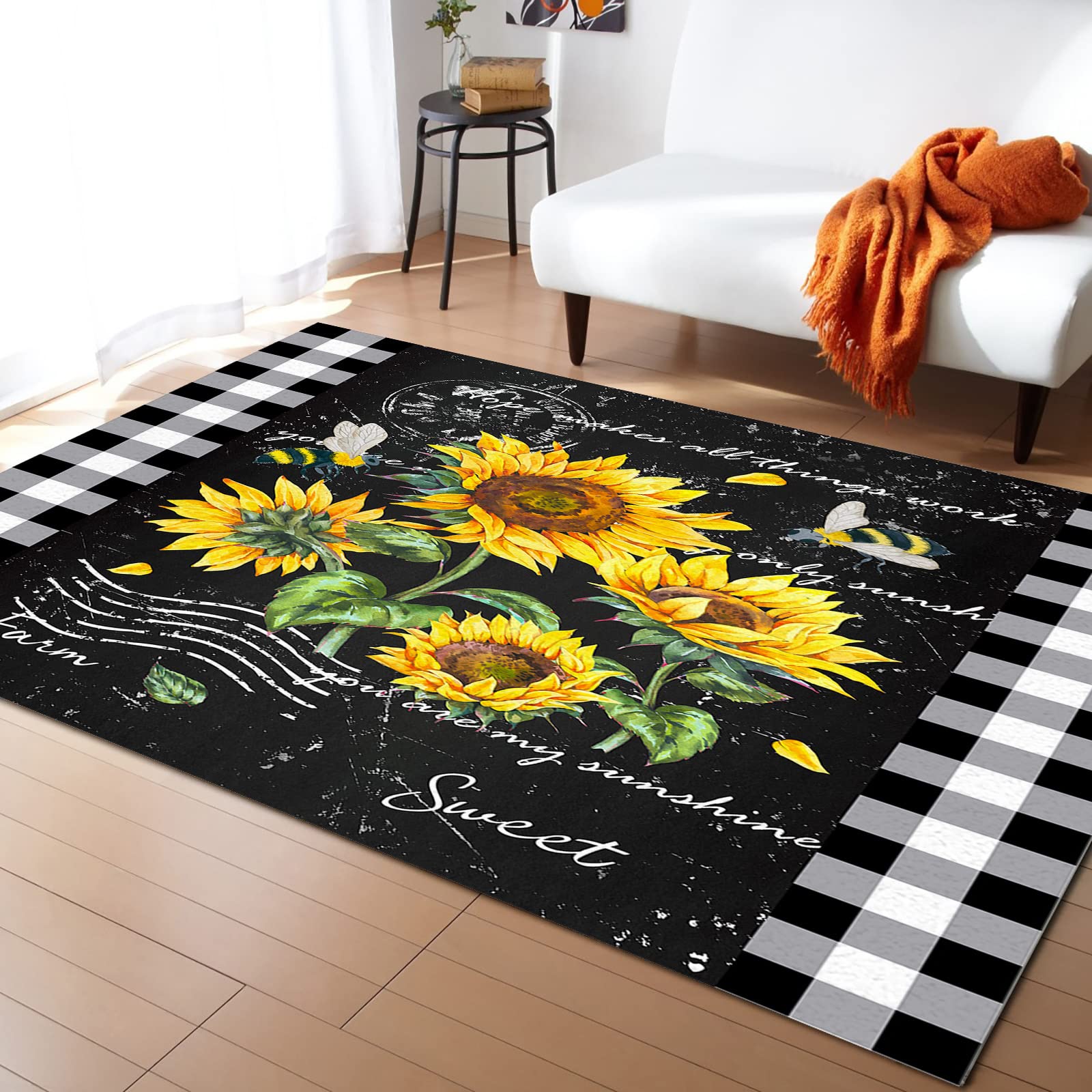 Black Sunflower Vintage Floral Buffalo Plaid Area Runner Rug 4'x7' – Washable Indoor Outdoor Rug for Kitchen, Living Room, Bathroom, Bedroom, Classroom & Laundry Room – Non-Slip Welcome Floor Doormat for Home Decor & Entryway