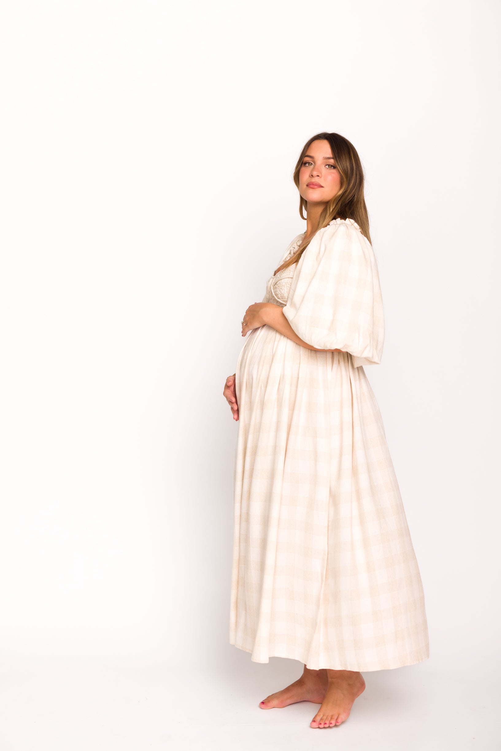 Harlow Maxi Dress in Natural Plaid - Bump Friendly Maternity Dress (Sizes S-3XL) for Pregnancy, Nursing & Everyday Comfort