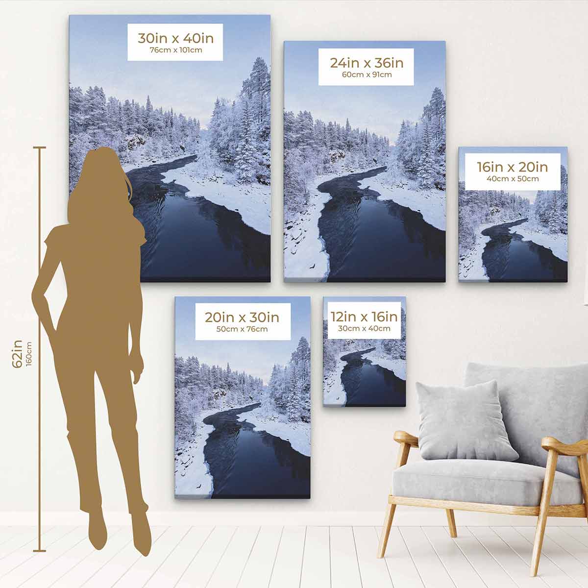 White Winter River Wall Art Canvas Print - 27x50 Inches - Modern Landscape Painting for Living Room, Bedroom & Office Decor