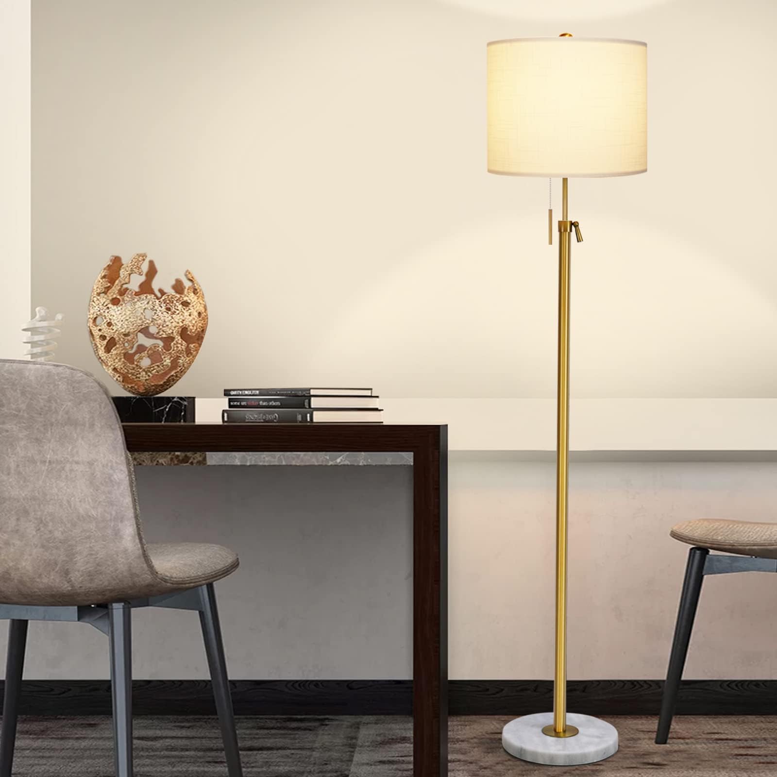Modern 3-Piece Table & Floor Lamp Set - Adjustable Gold Lamps with Fabric Shades & Marble Base | Dimmable Pull Chain Bedside & Standing Lamps (Includes 3 LED Bulbs) - Perfect for Living Room, Bedroom & Office Lighting Decor