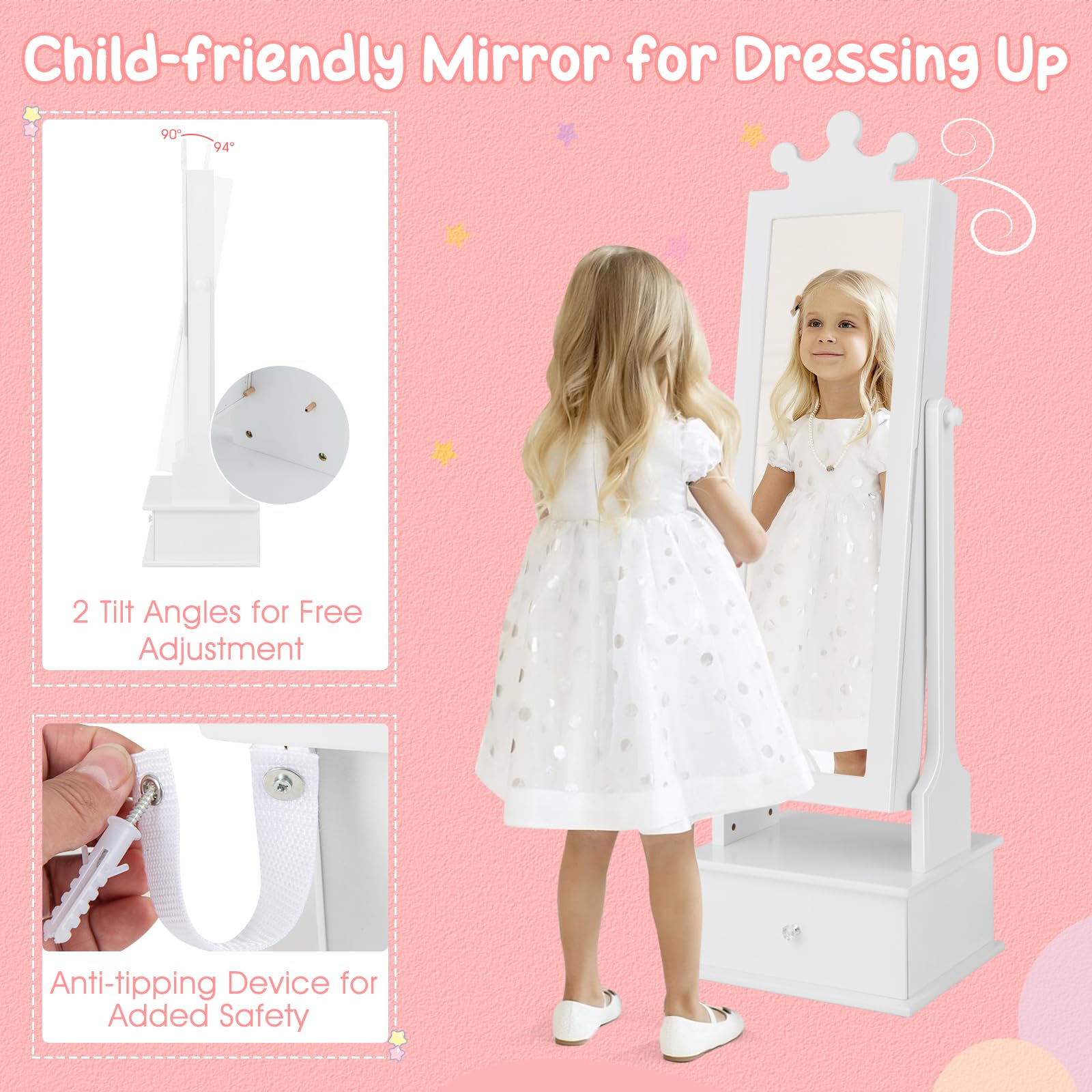 Costzon Kids Jewelry Armoire with Mirror & Drawers - White Vanity Organizer for Girls' Room