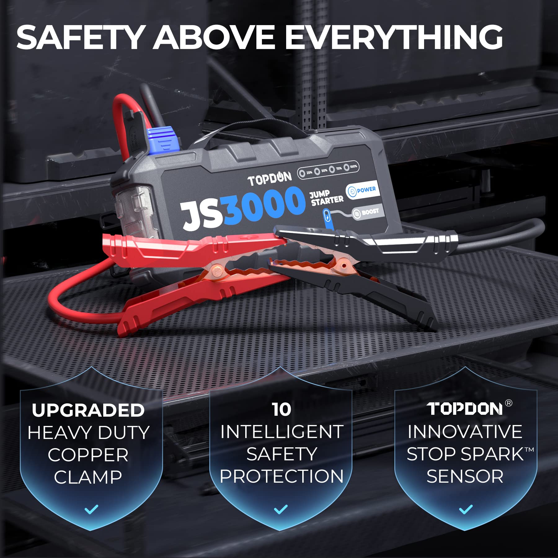 JS3000 12V 3000A Portable Car Battery Jump Starter - Boosts Up to 9L Gas/7L Diesel Engines | Includes Jumper Cables & EVA Case | Emergency Vehicle Battery Charger for Cars, Trucks, SUVs - Perfect for Roadside Emergencies & Winter Starting