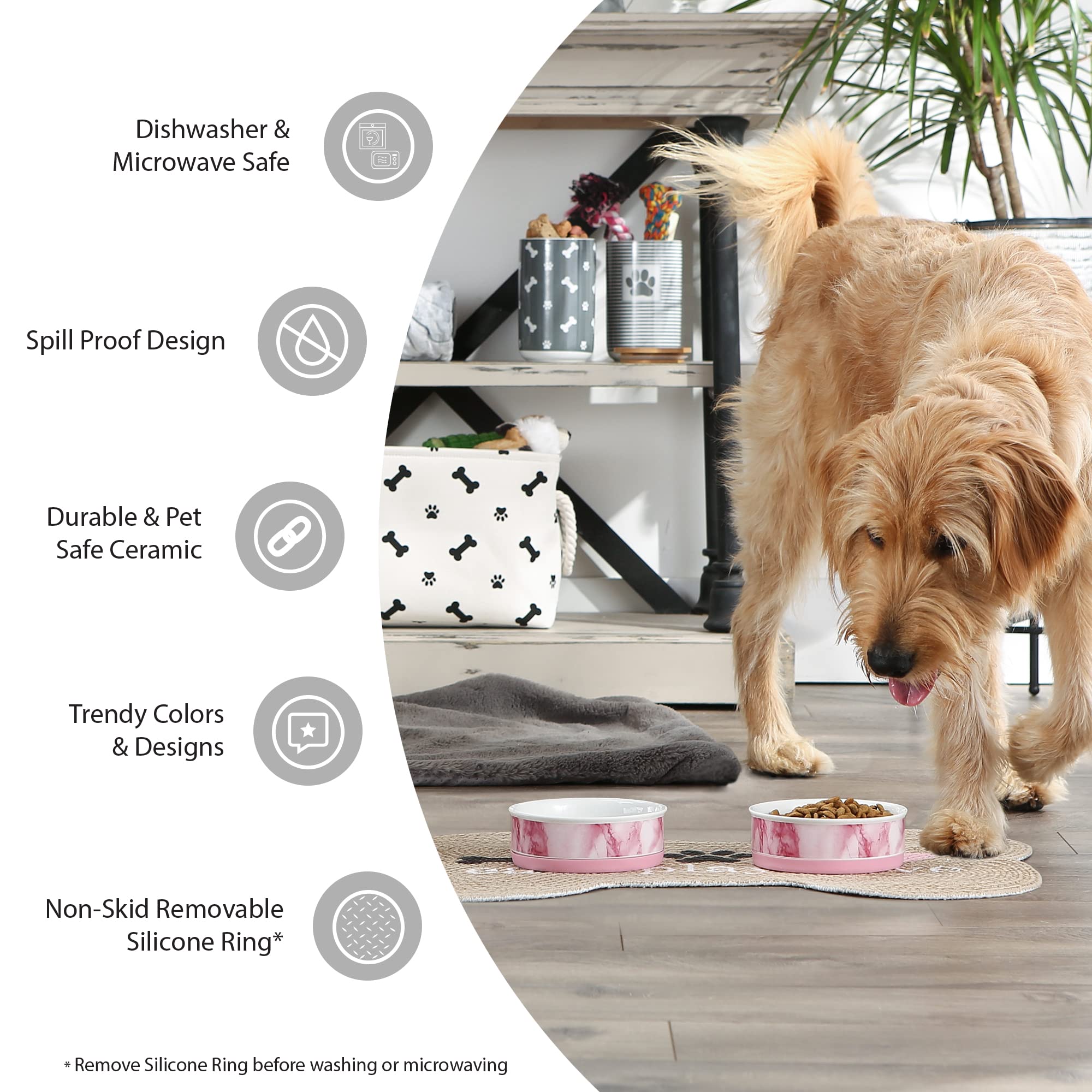 Bone Dry Ceramic Pet Bowls for Dogs & Cats - Non-Slip, Dishwasher & Microwave Safe - Large Stone Pet Food & Water Bowls (7.5x2.4 Inches, Set of 2) - Perfect for Mess-Free Feeding at Home or Travel