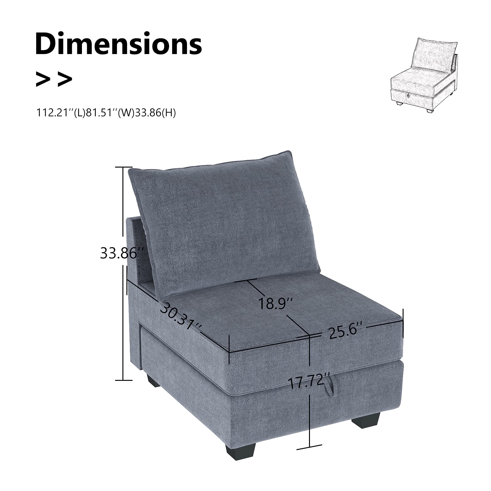 HONBAY Modern Modular Sofa Sectional - Customizable Fabric Middle Module, Armless Chair in Bluish Grey | Perfect for Living Room, Lounge & Home Theater Seating