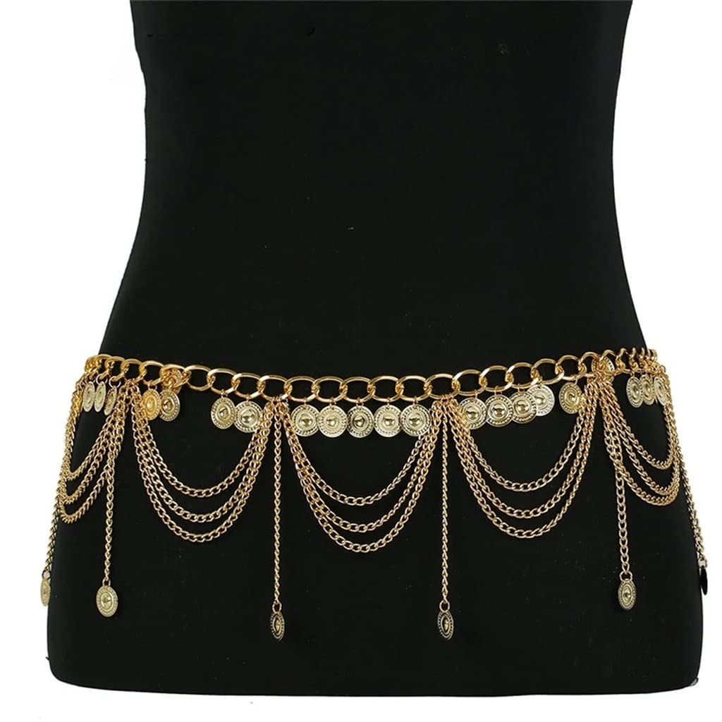 Vintage Metal Dangle Waist Chain with Carved Coin Pendant & Long Tassel - Women's Body Jewelry & Belly Chain Accessory (Gold/Silver) - Perfect for Music Festivals, Beach Parties & Boho Fashion