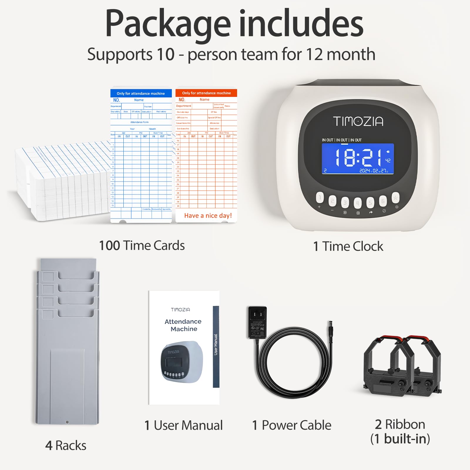 Employee Time Clock for Small Business - Auto-Align Punch Card Machine with 100 Time Cards, 2 Ink Ribbons & 4 Racks (Military/24-Hour Format) - Perfect for Shift Tracking, Payroll Management & Office Time Attendance Systems