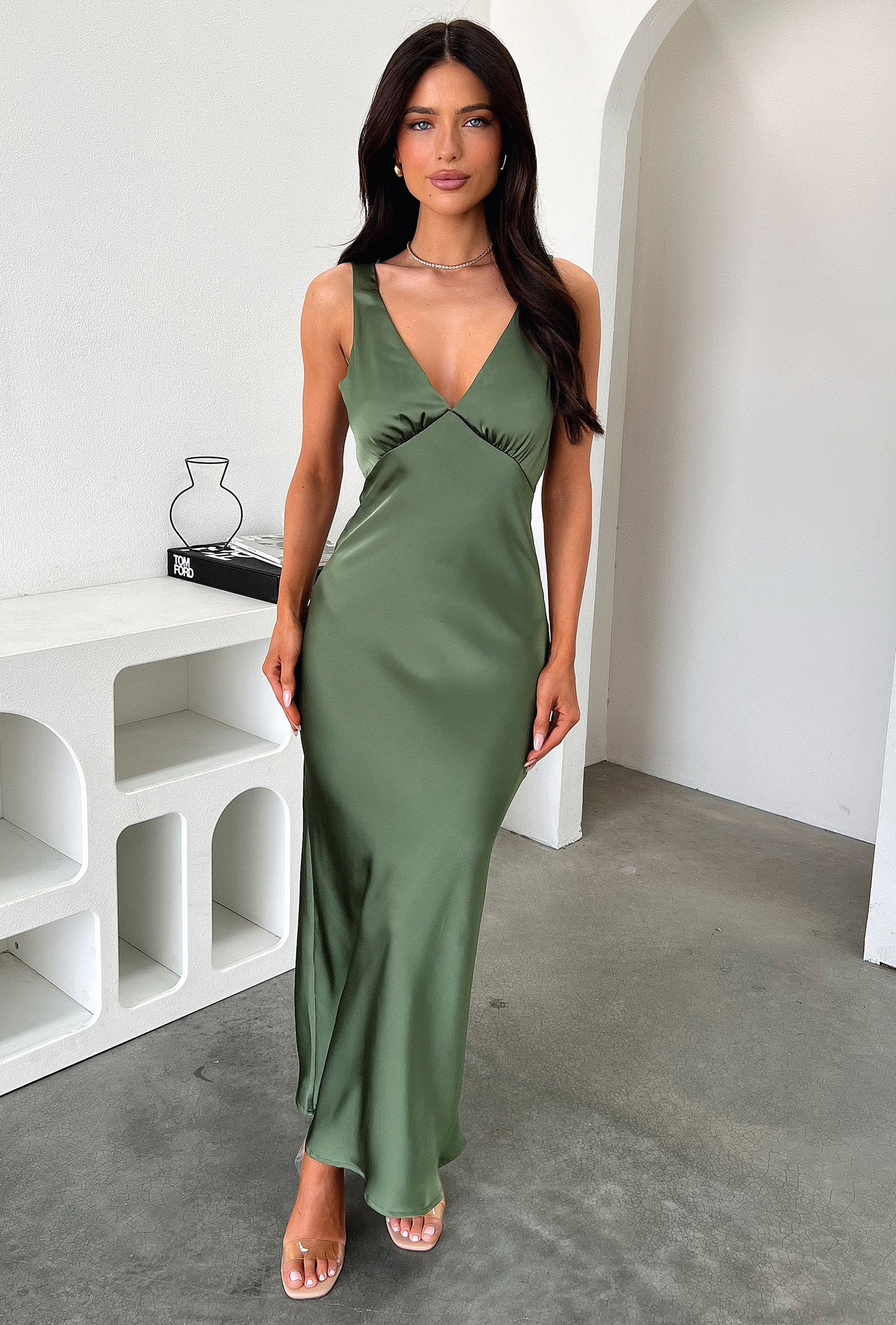 Delayne V Neck Satin Midi Dress for Women - Elegant Olive Green Formal Evening Gown - Perfect for Weddings, Parties & Special Occasions