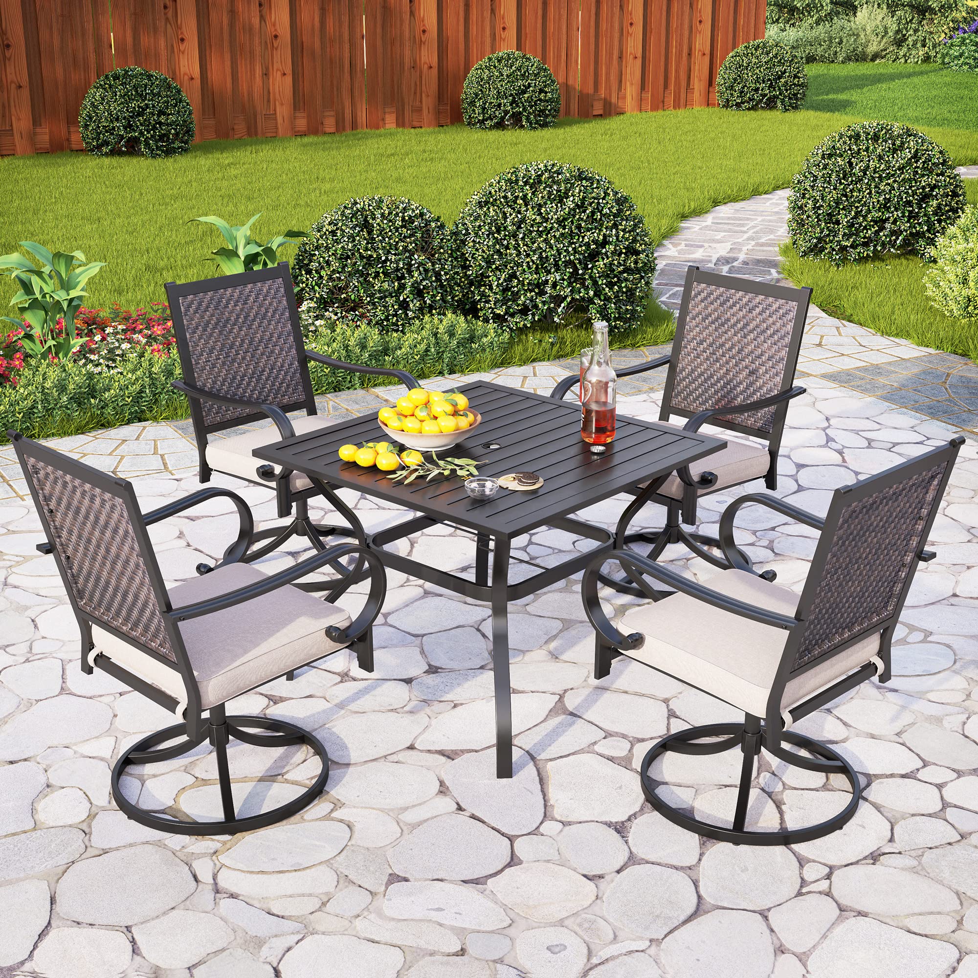 PHI VILLA 2-Piece Dark Brown Rattan Swivel Chairs with Cushions - Indoor/Outdoor Wicker Armchairs for Dining Room, Living Room, Patio, Porch, Yard & Deck - Modern Comfortable Seating for Relaxing & Entertaining