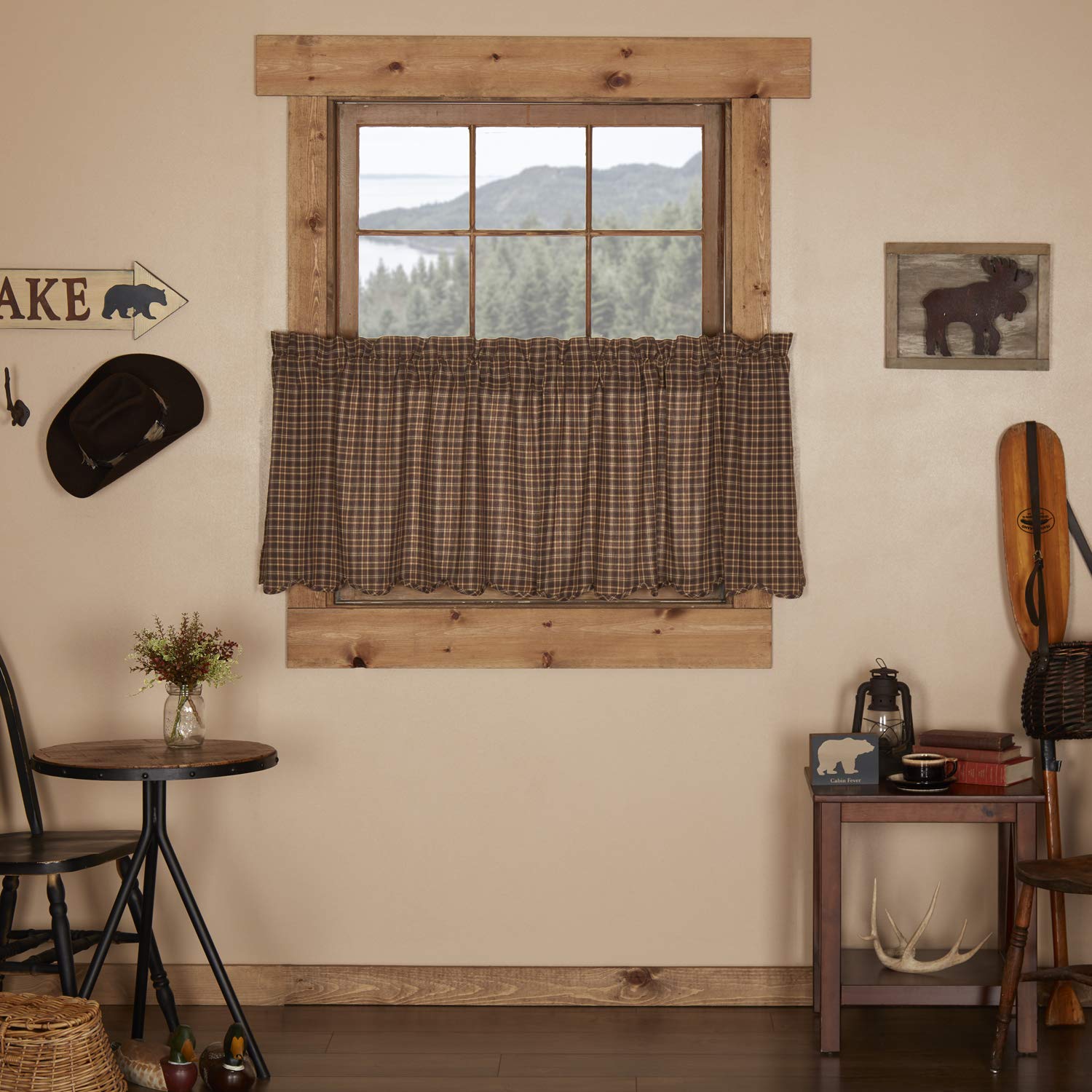 VHC Brands Prescott Rustic 24x36 Inch Brown Plaid Cotton Rod Pocket Kitchen Window Curtains Pair - Farmhouse Style for Living Room, Bedroom & Dining Room Decor